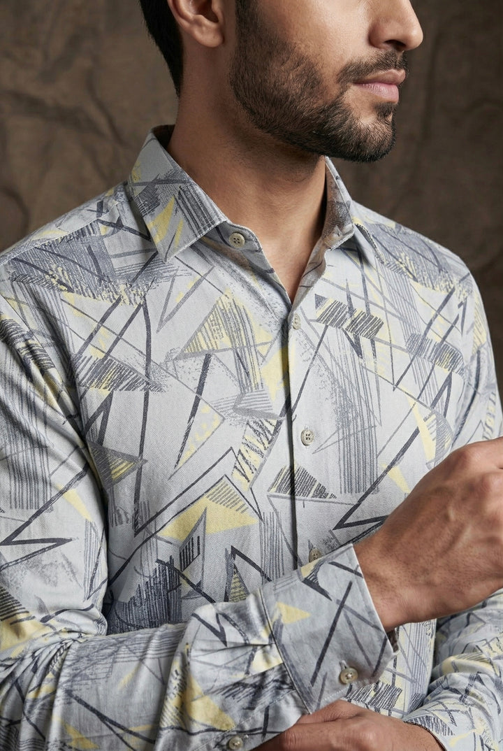 Grey Geometric Print Designer Shirt