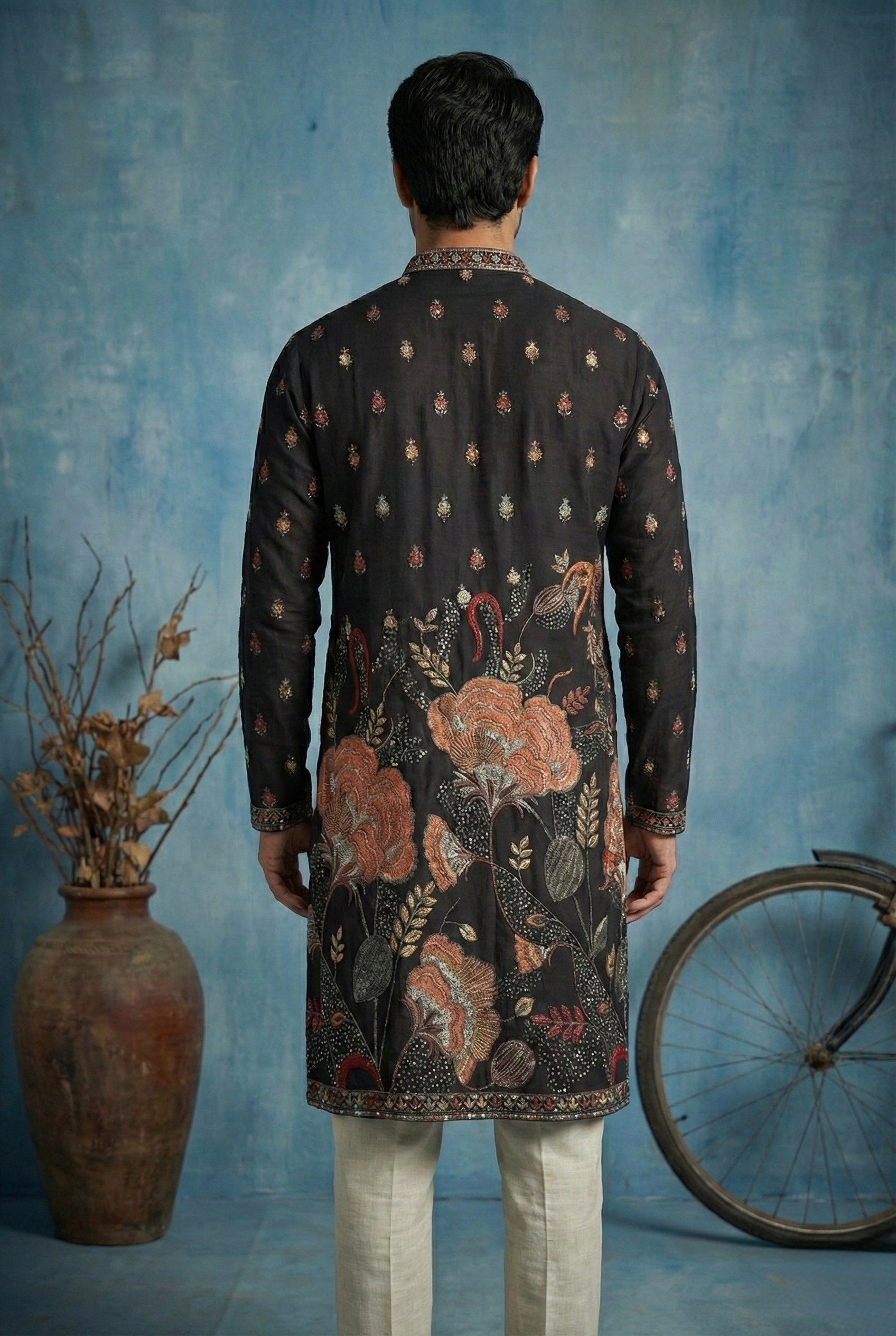 Midnight Black Floral Heritage Embroidered Kurta for Men
