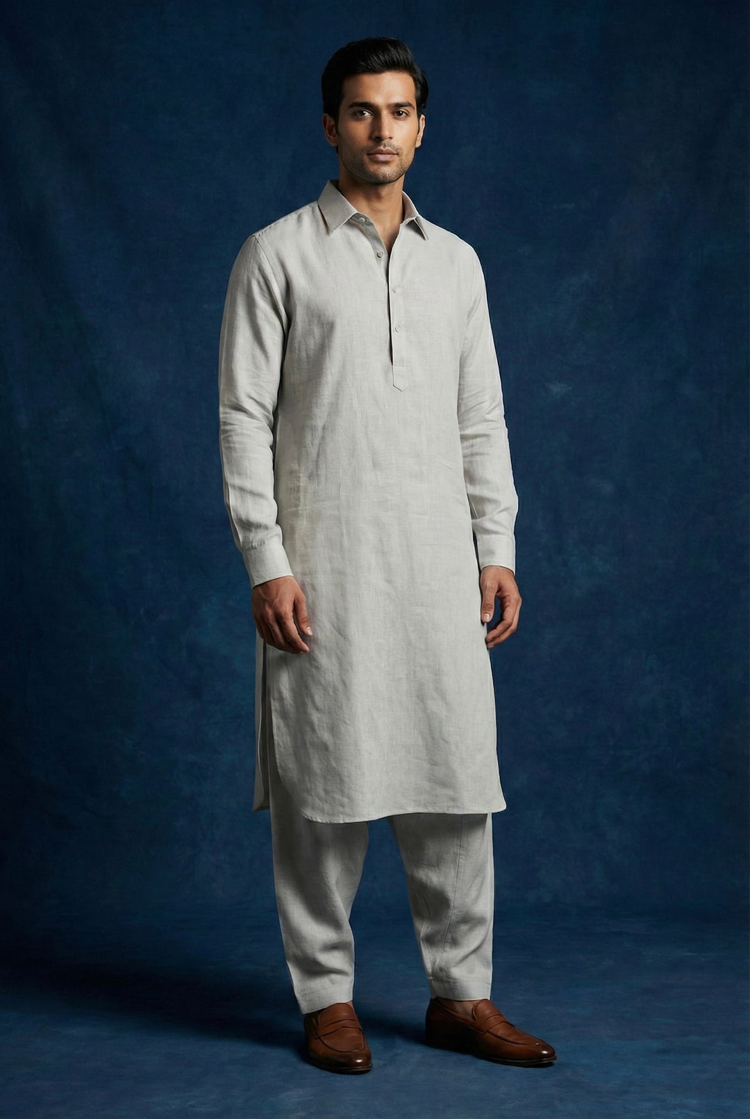 Abees Grey linen solid kurta set - front view