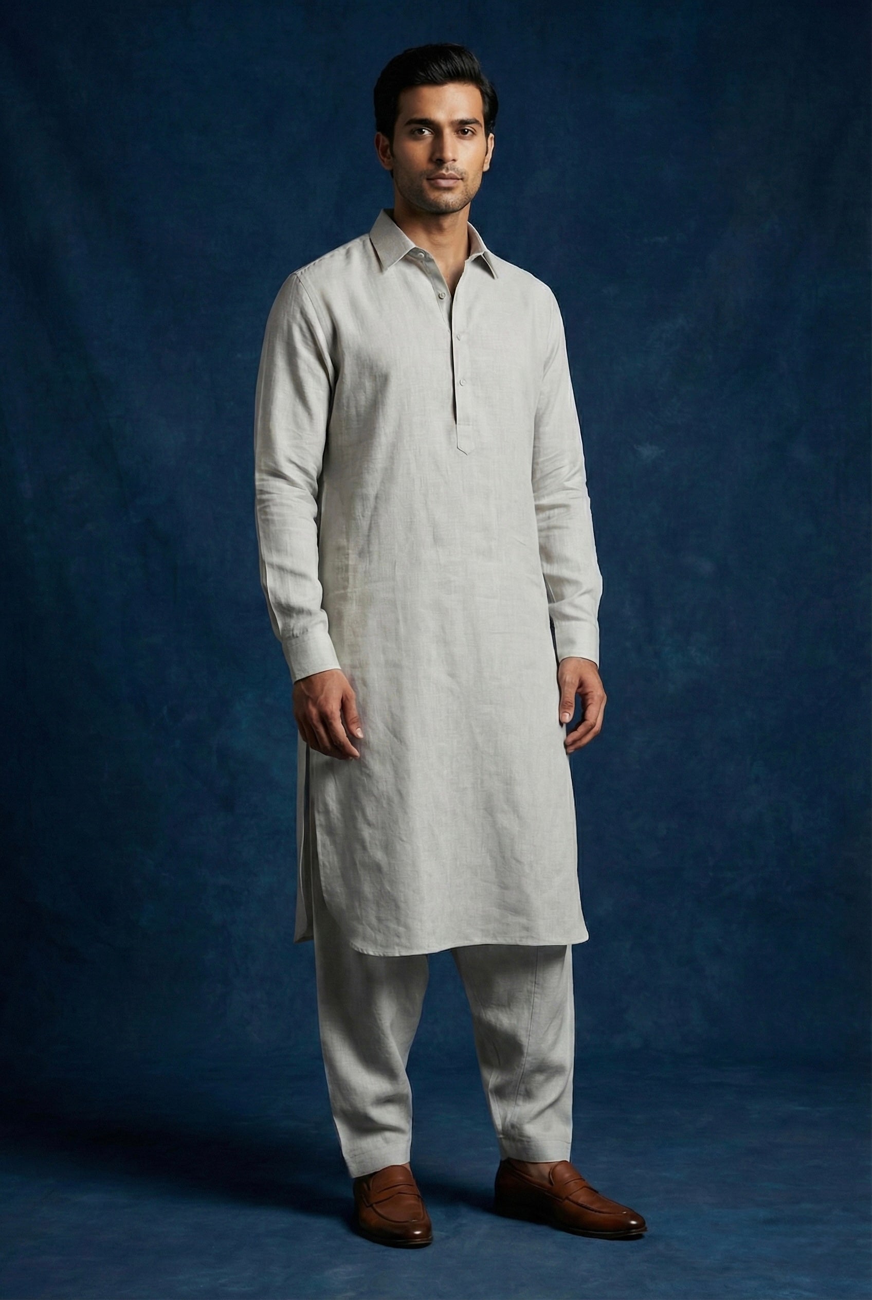 Stone Grey 100% Pure Linen Kurta Pajama Set for Men