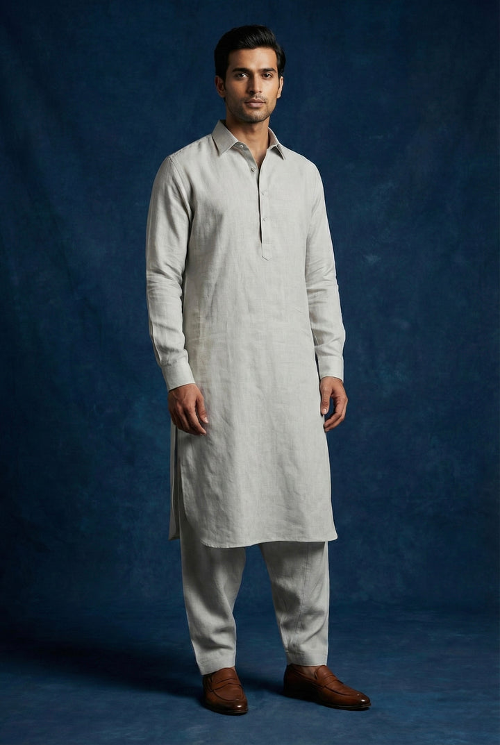 Abees Grey linen solid kurta set - front view