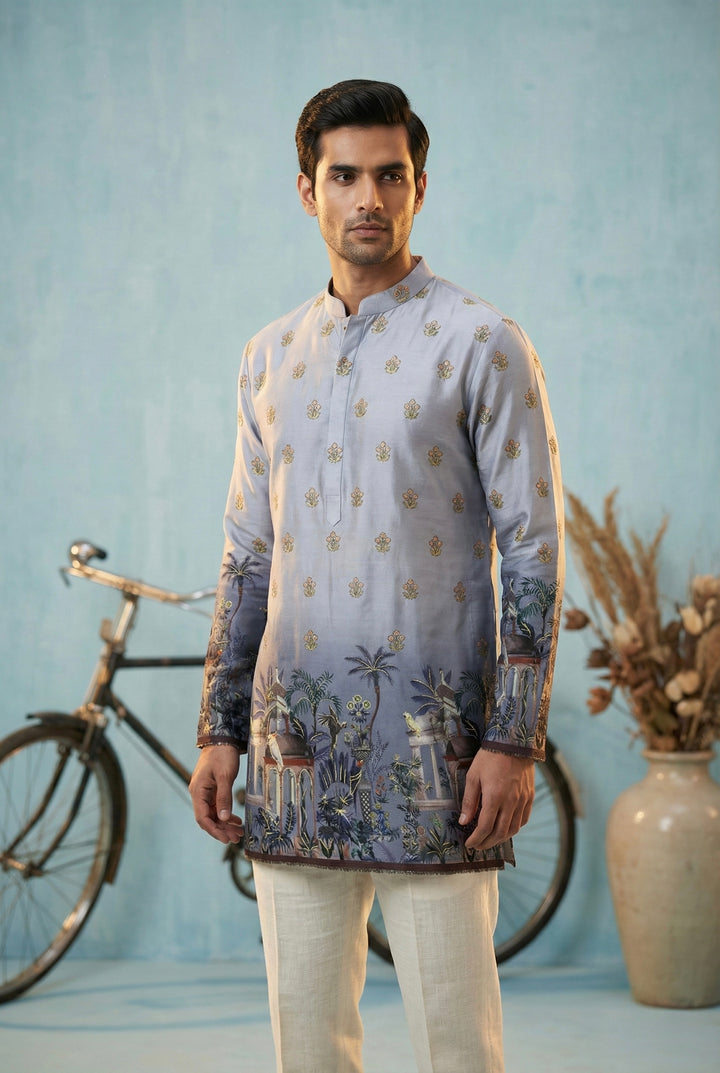 Abees Blue printed scenic kurta for men - front view