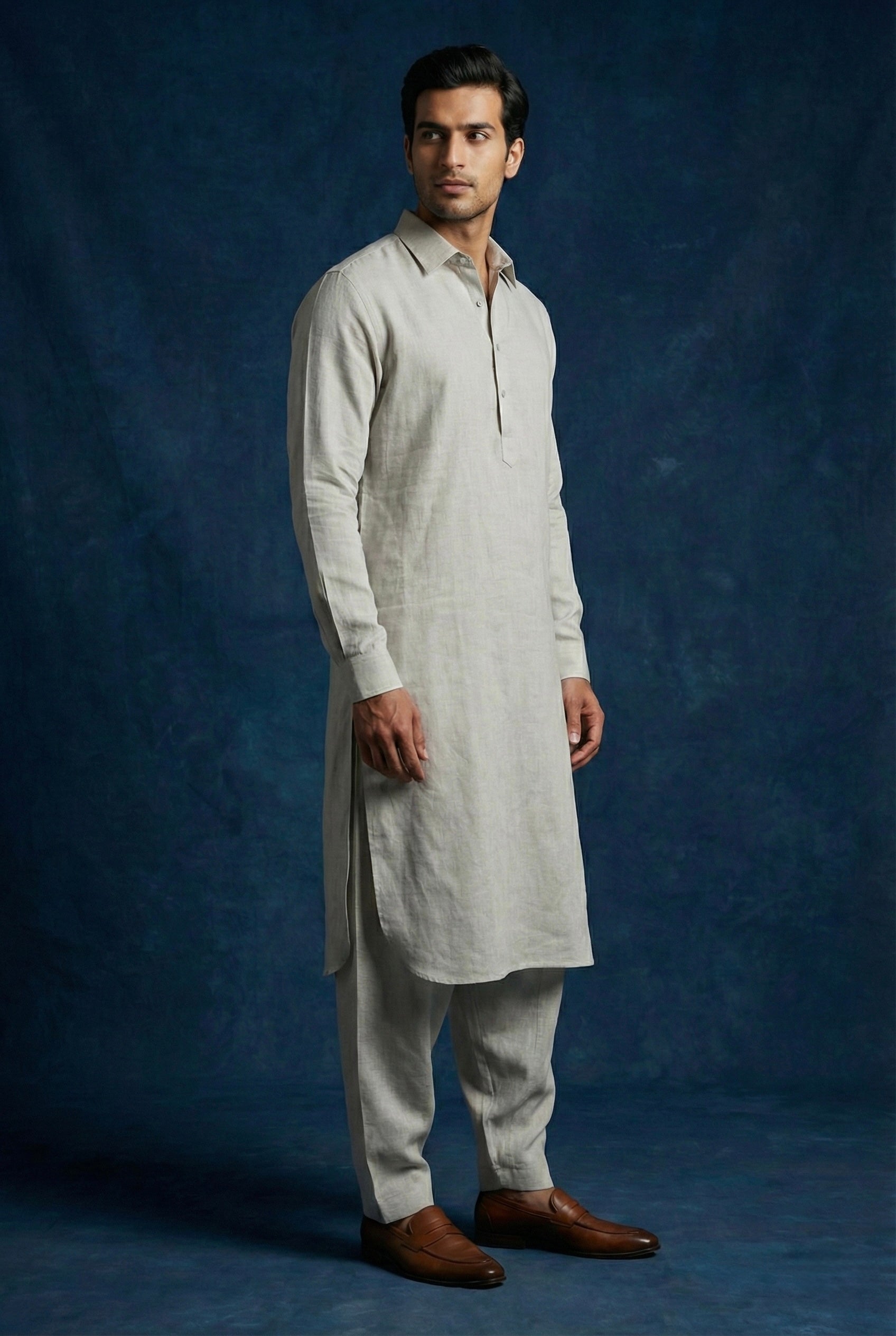 Stone Grey 100% Pure Linen Kurta Pajama Set for Men