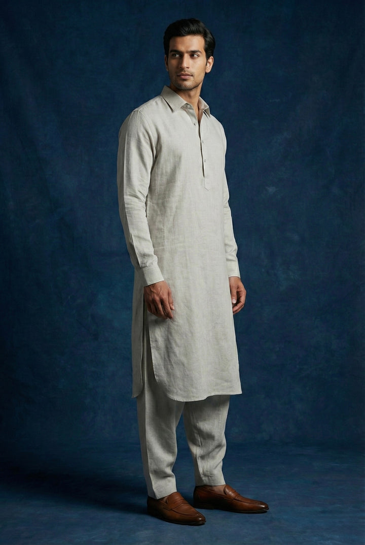 Abees Grey linen solid kurta set - back view