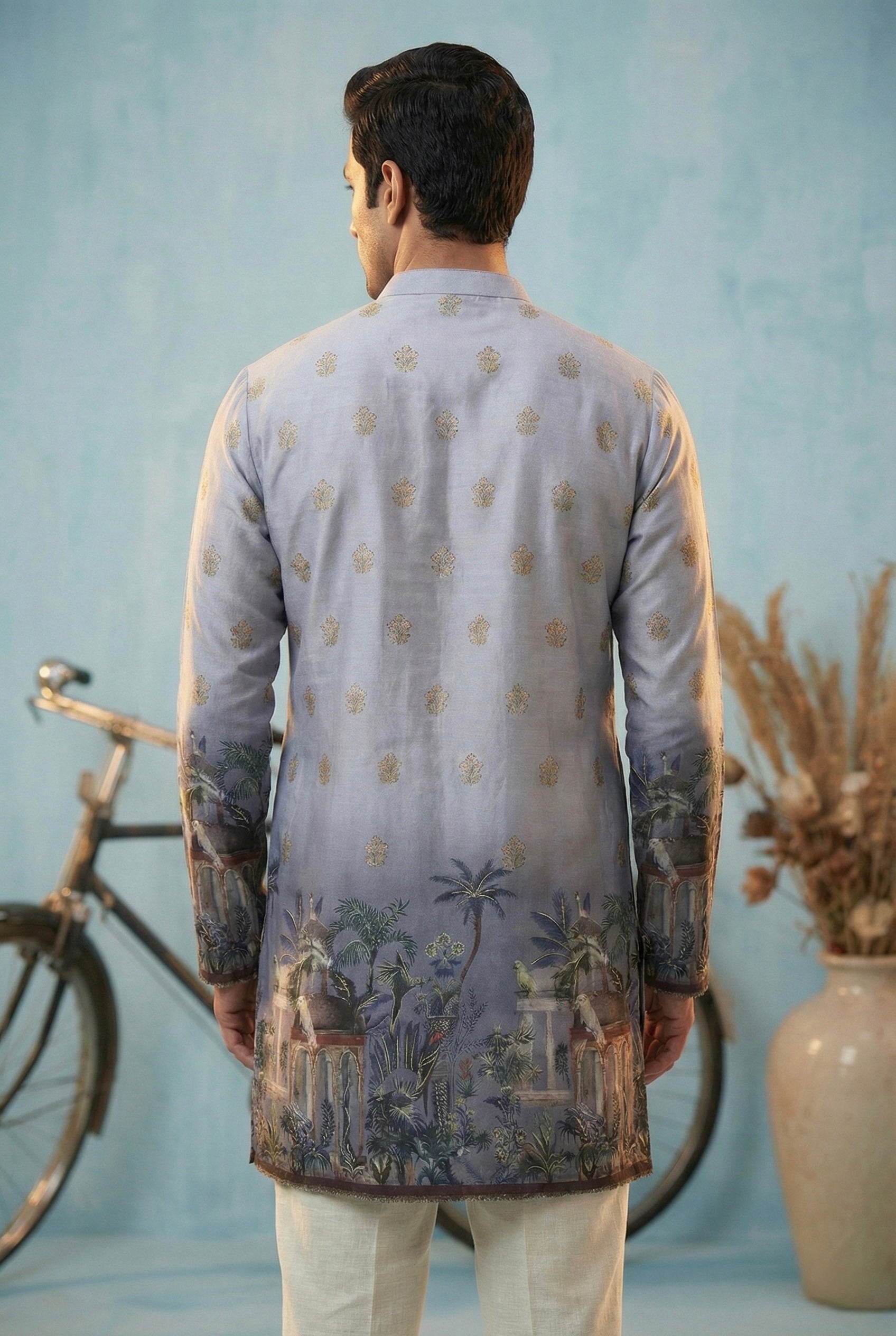Powder Blue Scenic Printed Kurta for Men
