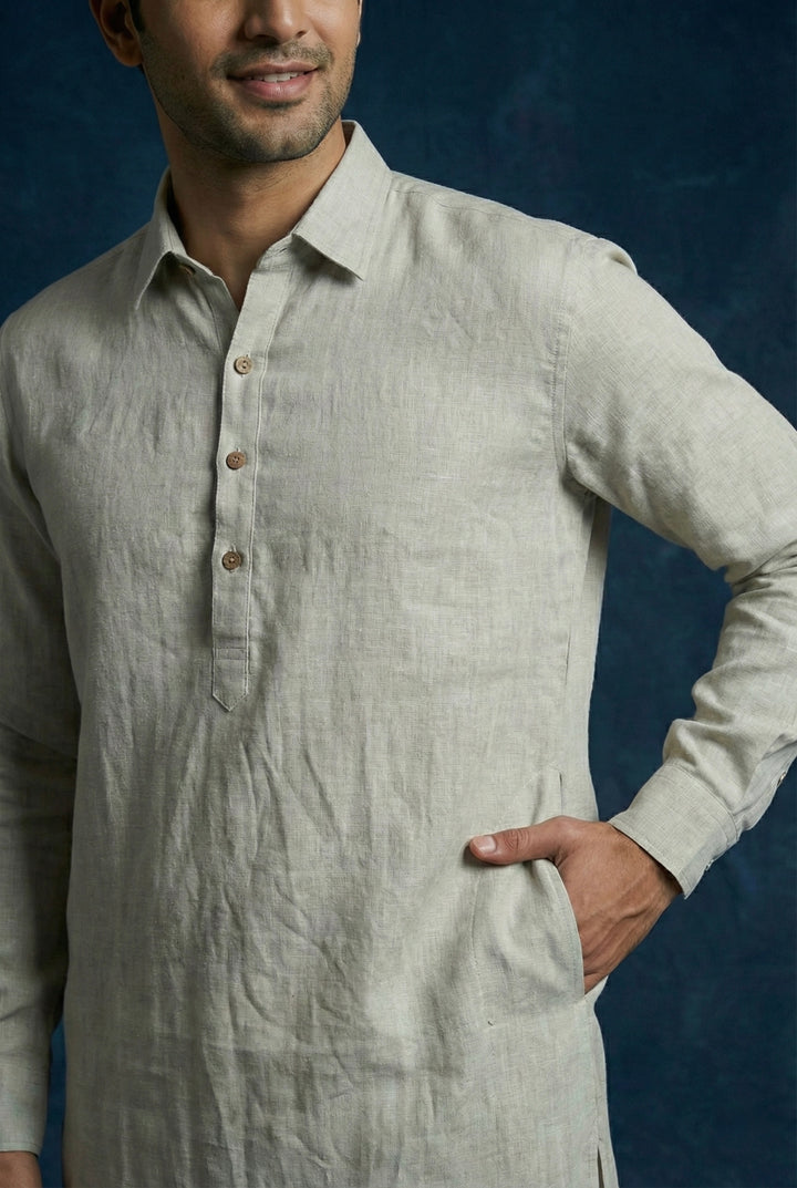 Abees Grey linen solid kurta set - detail view 1