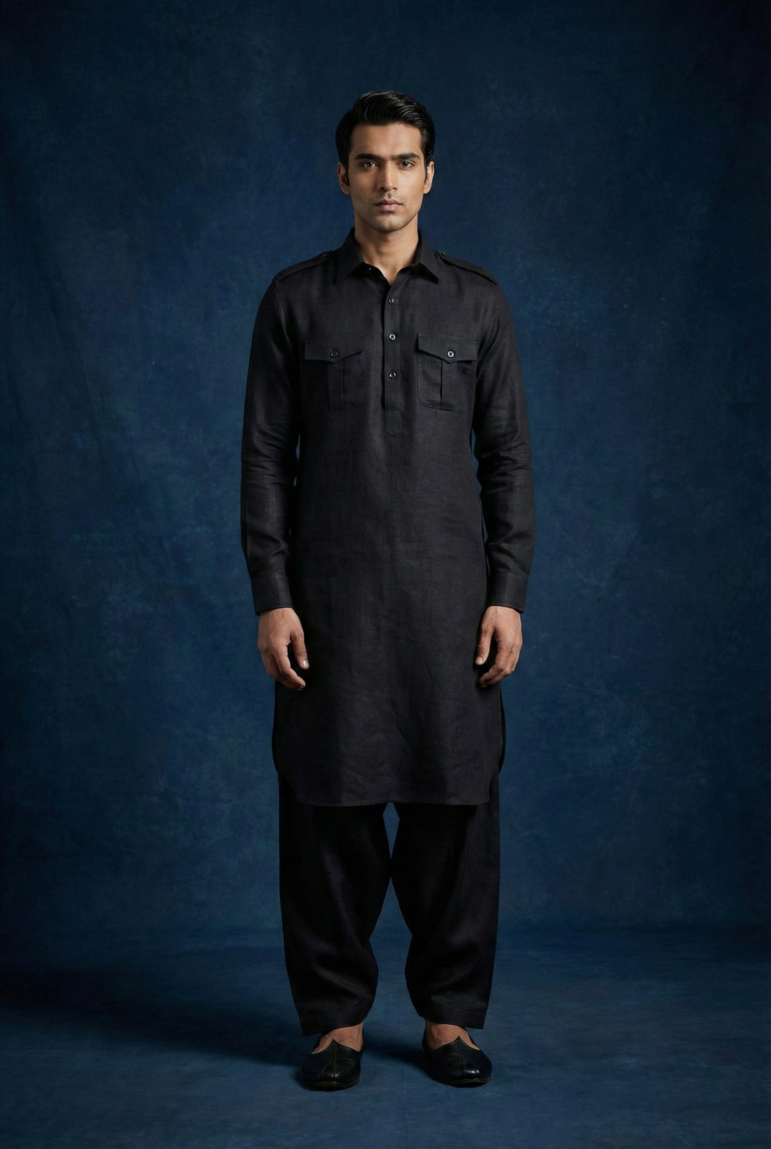 Abees Black linen solid kurta set with pyjama - front view