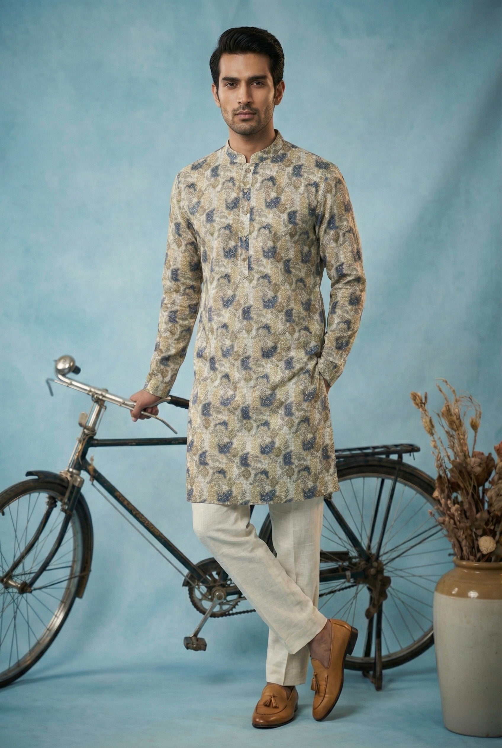 Beige Blue Abstract Printed Kurta for Men