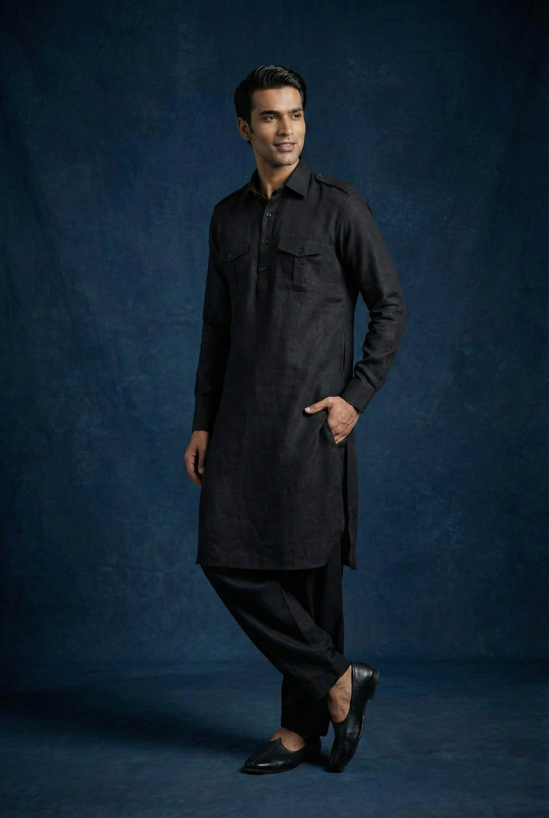 Abees Black linen solid kurta set with pyjama - back view