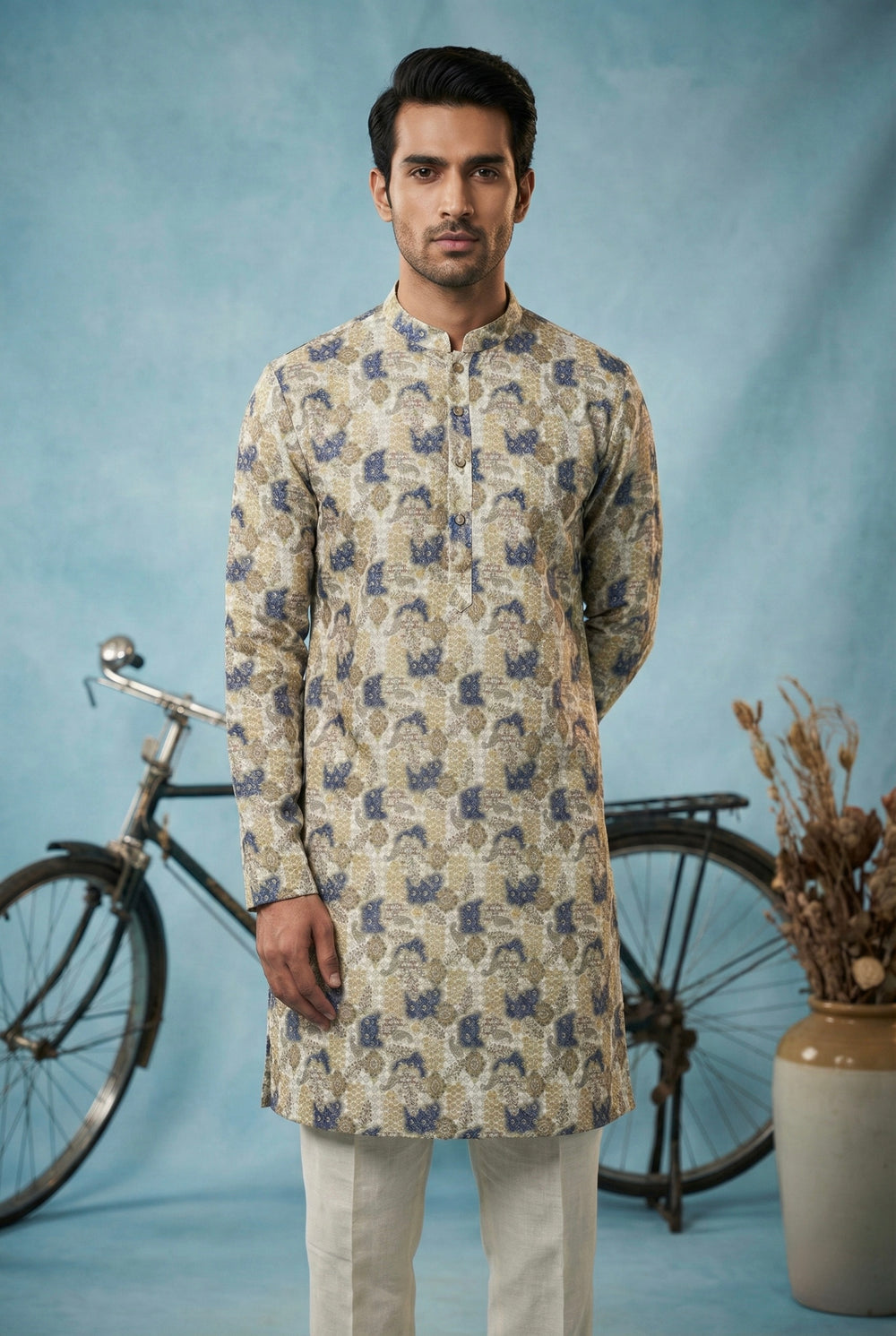 Abees Beige blue abstract printed kurta for men - back view