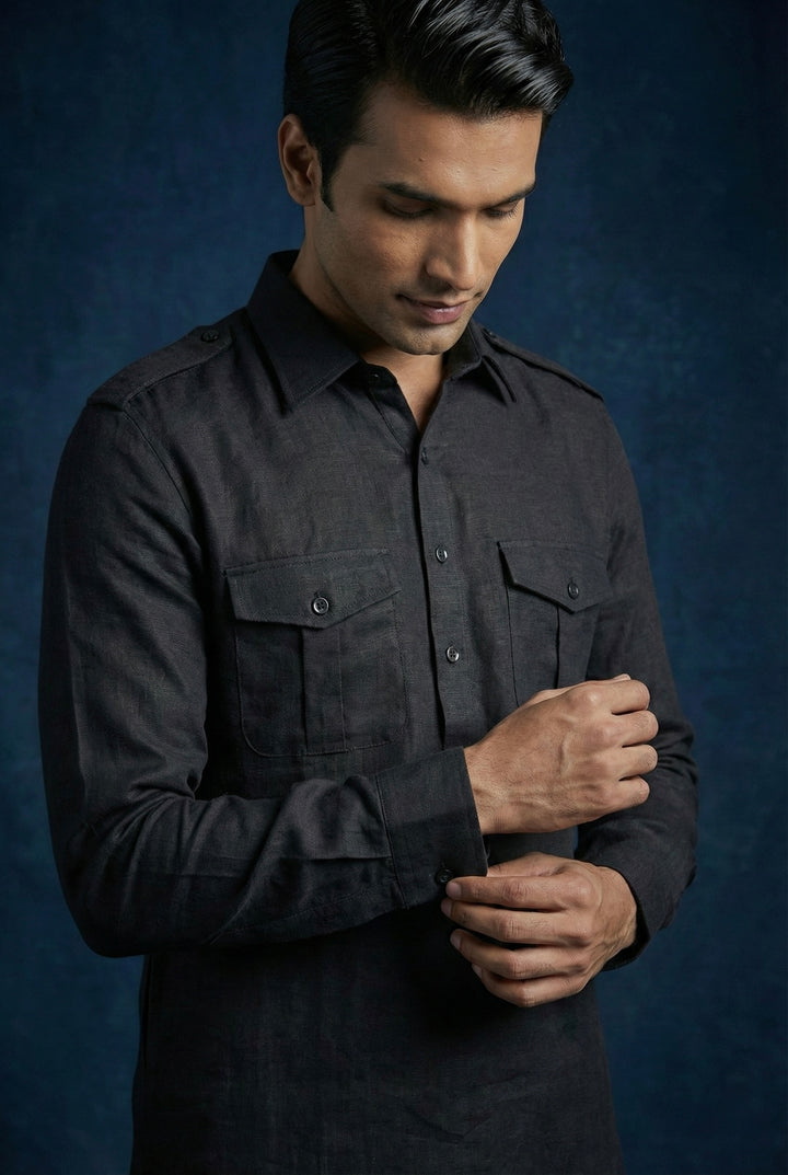 Abees Black linen solid kurta set with pyjama - side view