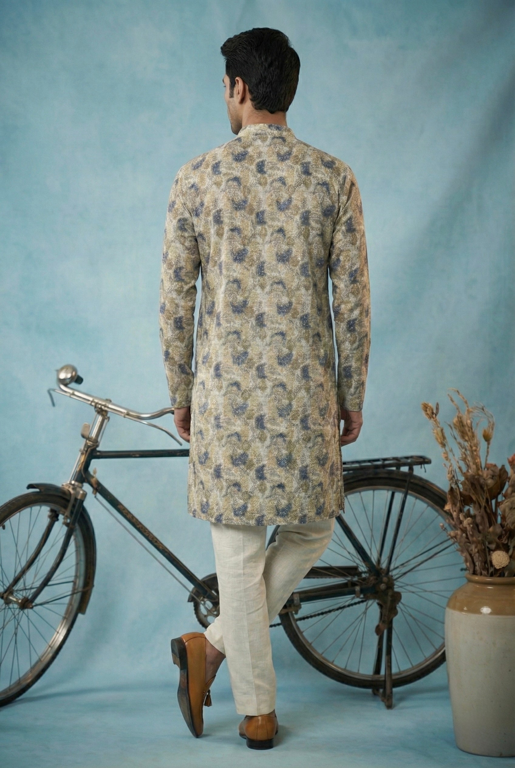 Beige Blue Abstract Printed Kurta for Men