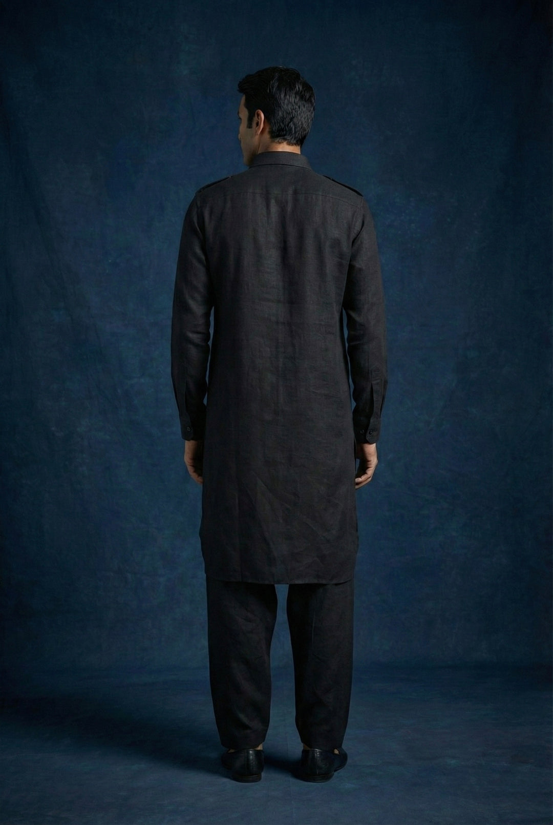 Abees Black linen solid kurta set with pyjama - detail view 1