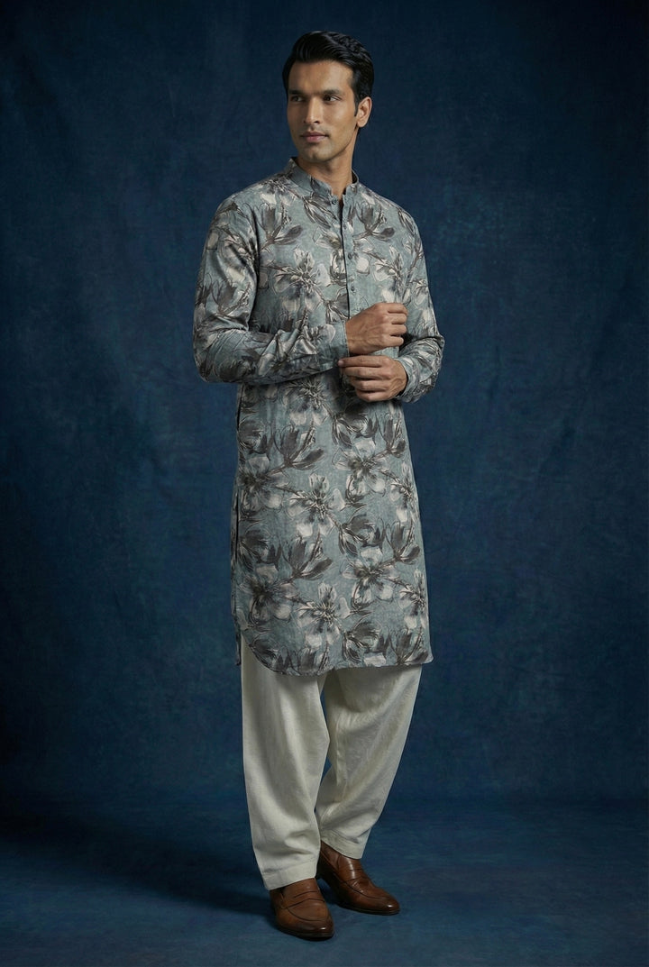 Abees Blue linen printed kurta set with pyjama - front view