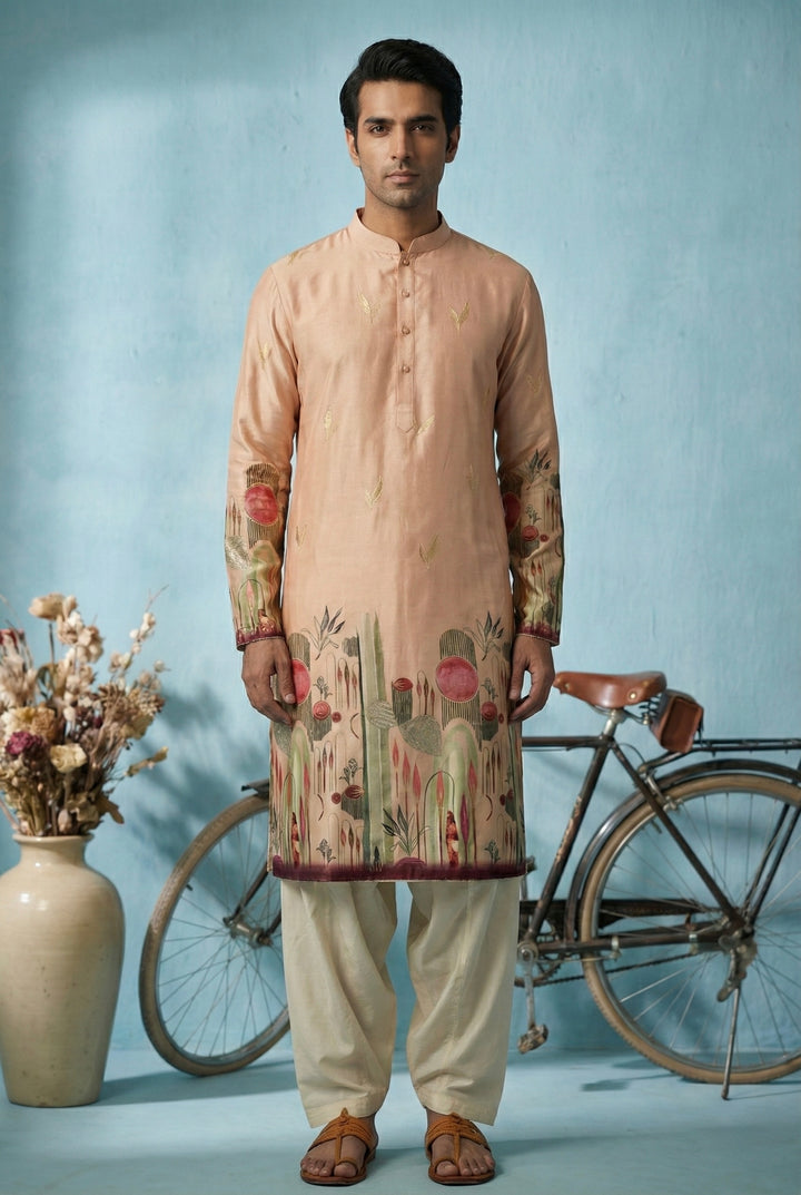 Abees Beige printed kurta set botanical scenic - front view