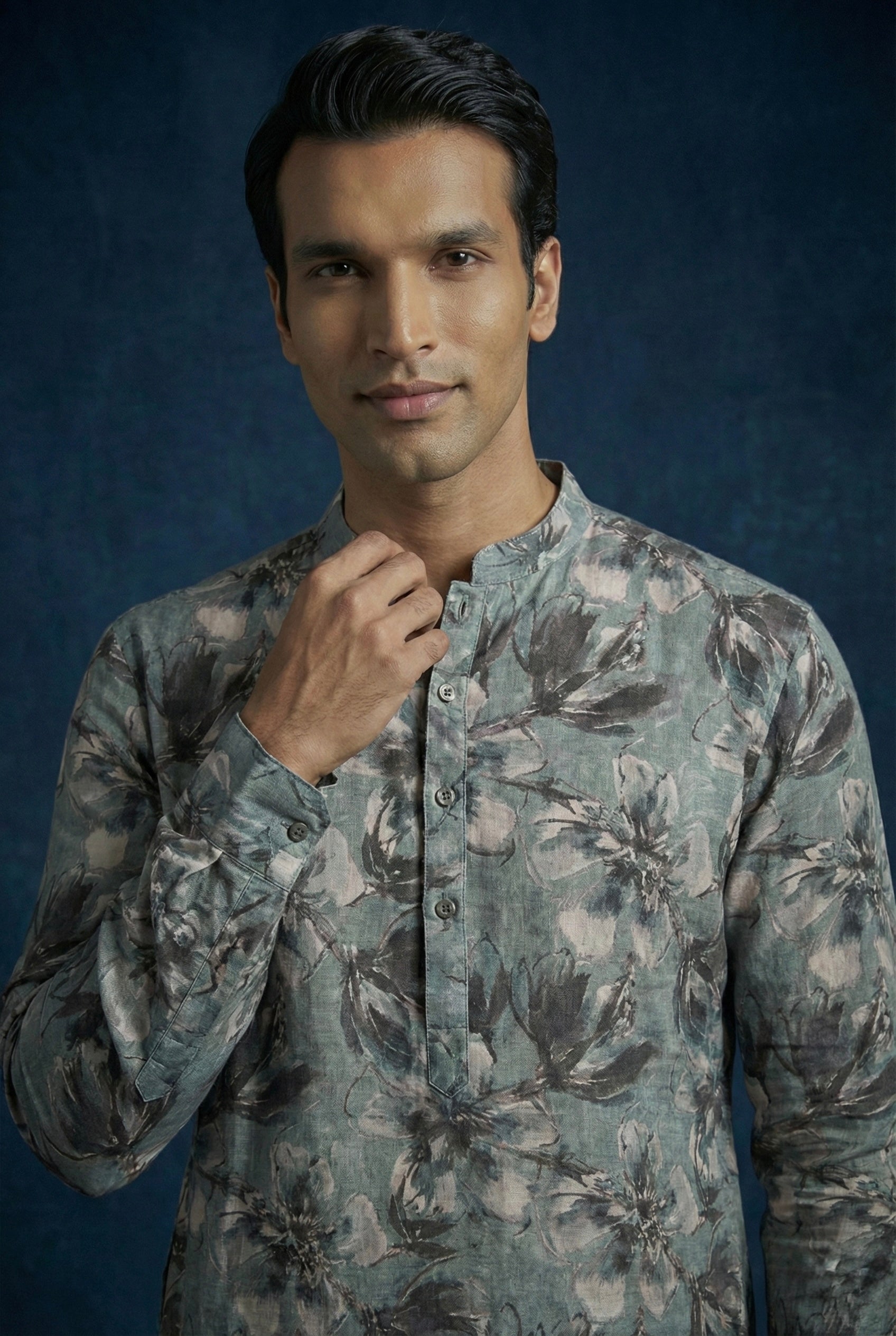 Steel Blue Floral 100% Pure Linen Kurta Pajama Set