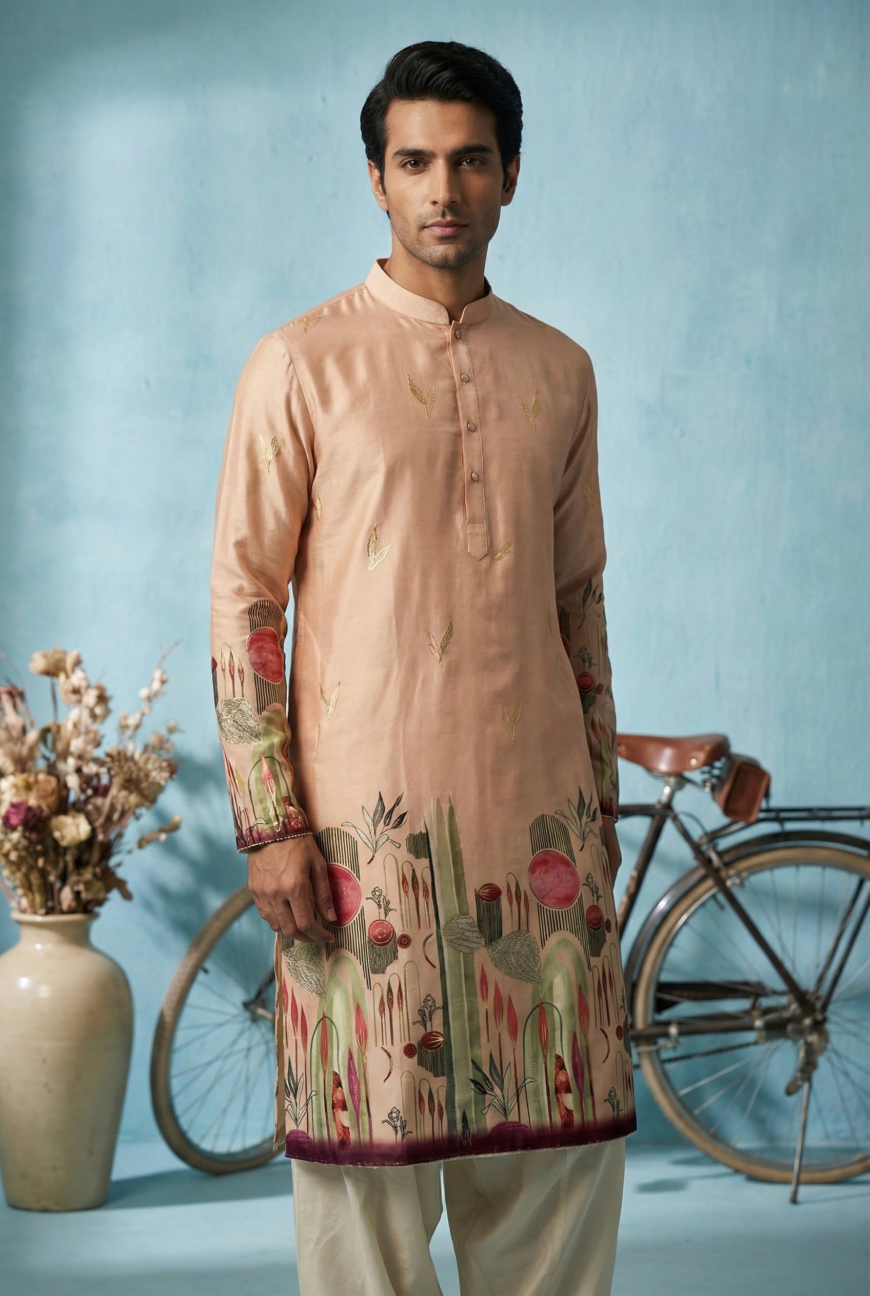 Peach Botanical Scenic Printed Kurta for Men