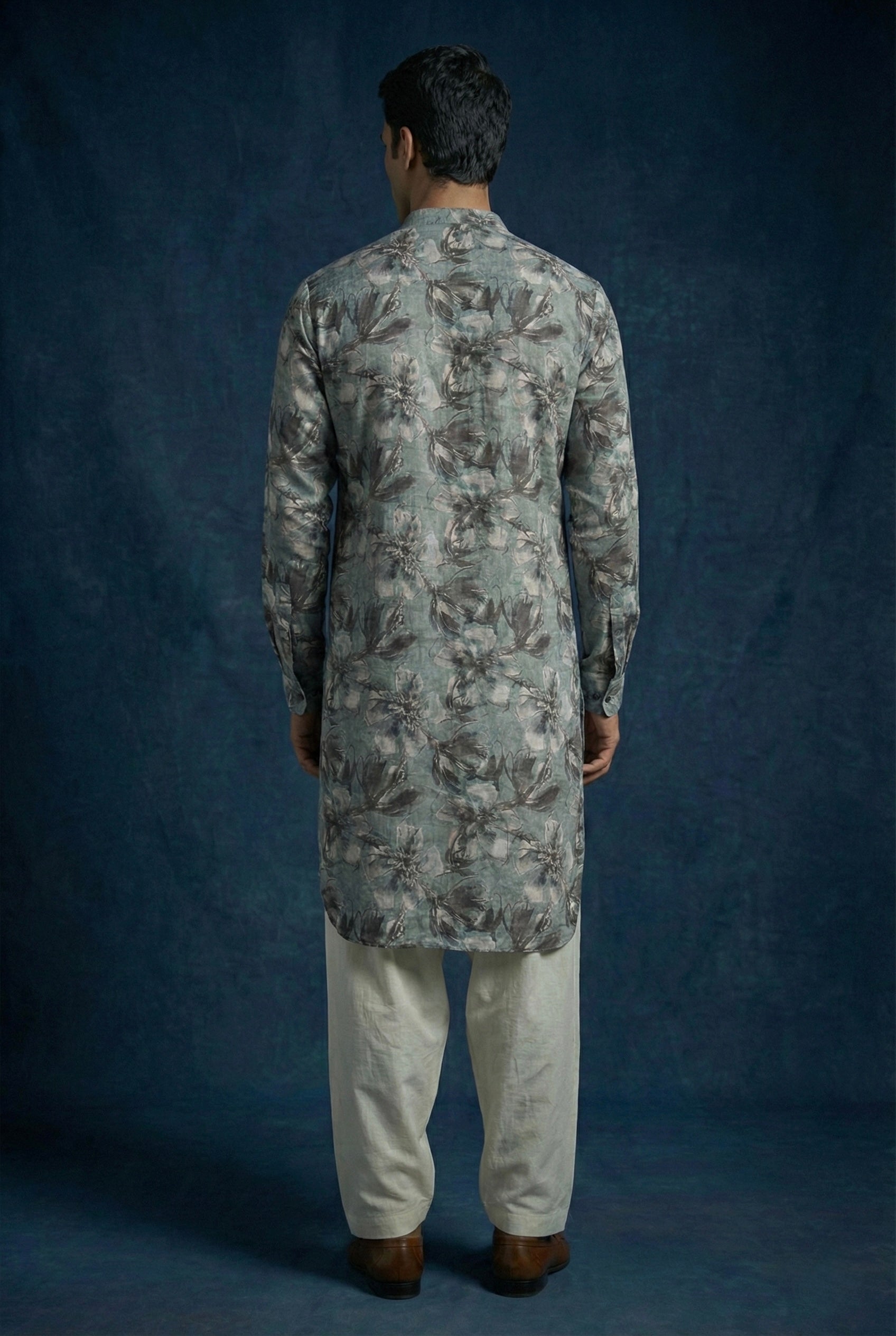 Steel Blue Floral 100% Pure Linen Kurta Pajama Set
