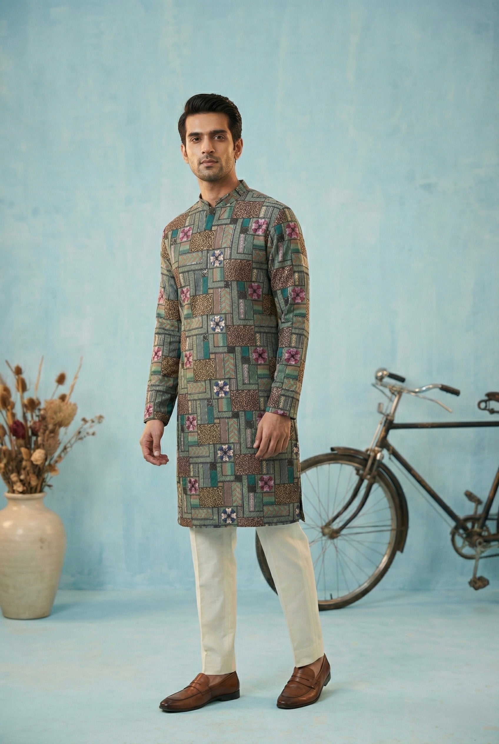 Teal Mosaic Printed Kurta for Men