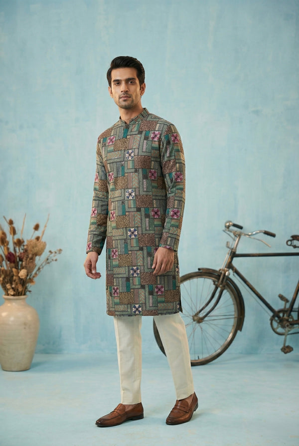 Abees Blue printed kurta for men - front view