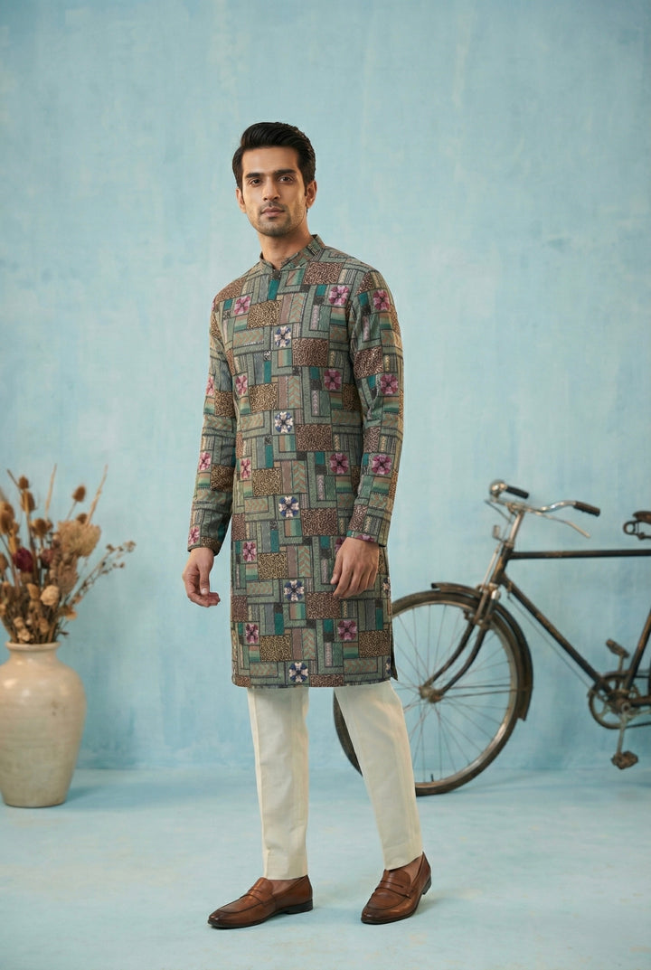 Teal Mosaic Printed Kurta for Men
