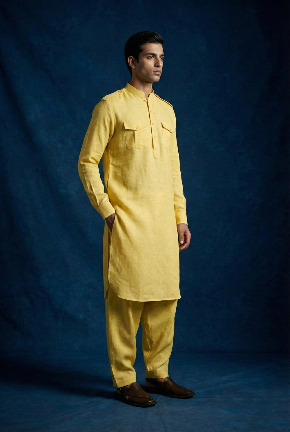 Abees Yellow linen solid kurta set - front view