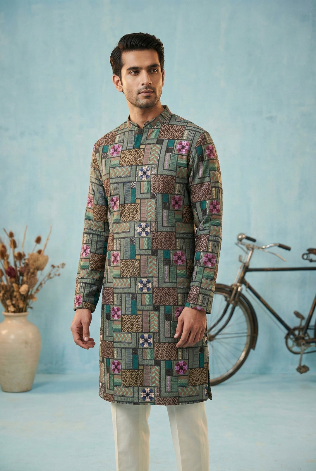 Teal Mosaic Printed Kurta for Men