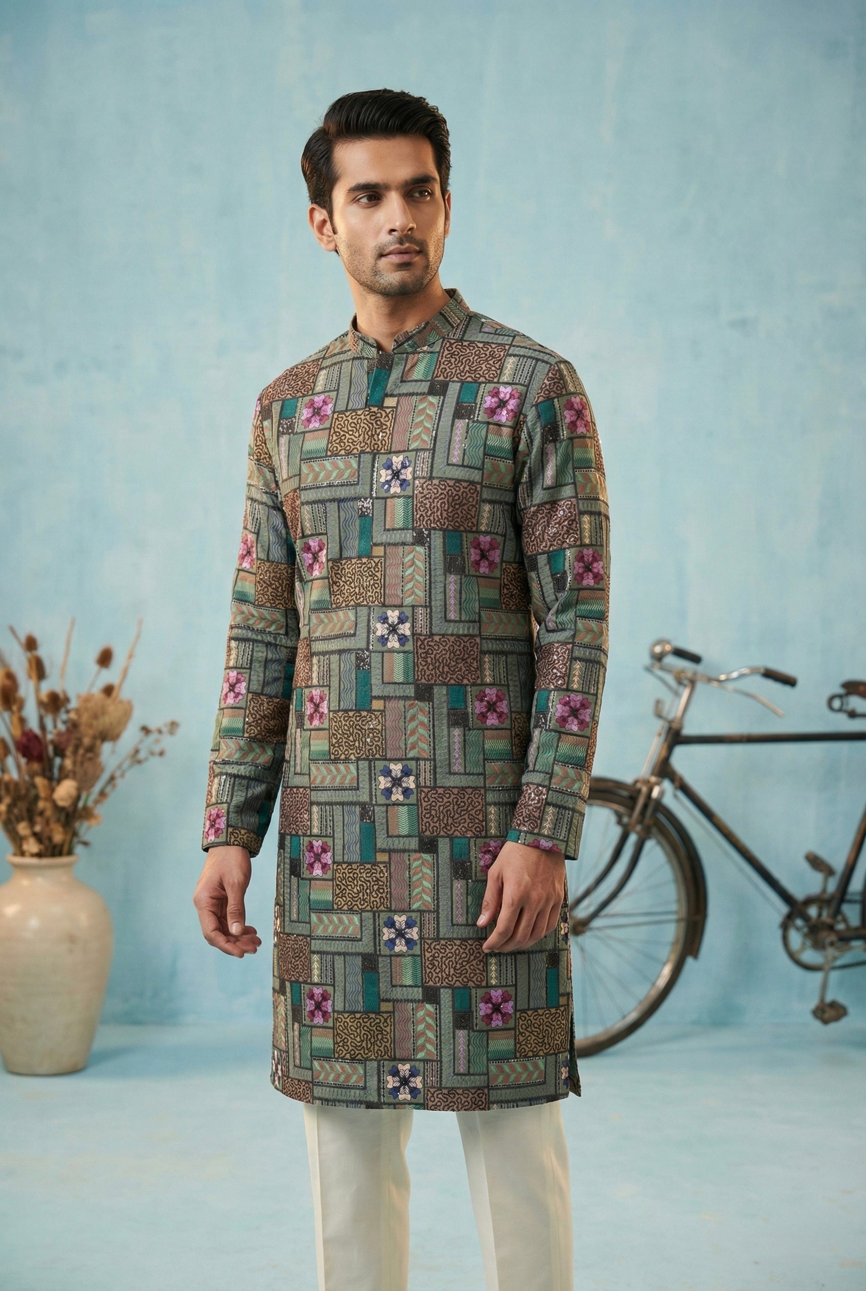 Teal Mosaic Printed Kurta for Men