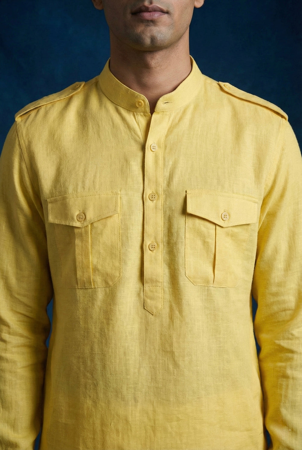 Abees Yellow linen solid kurta set - back view