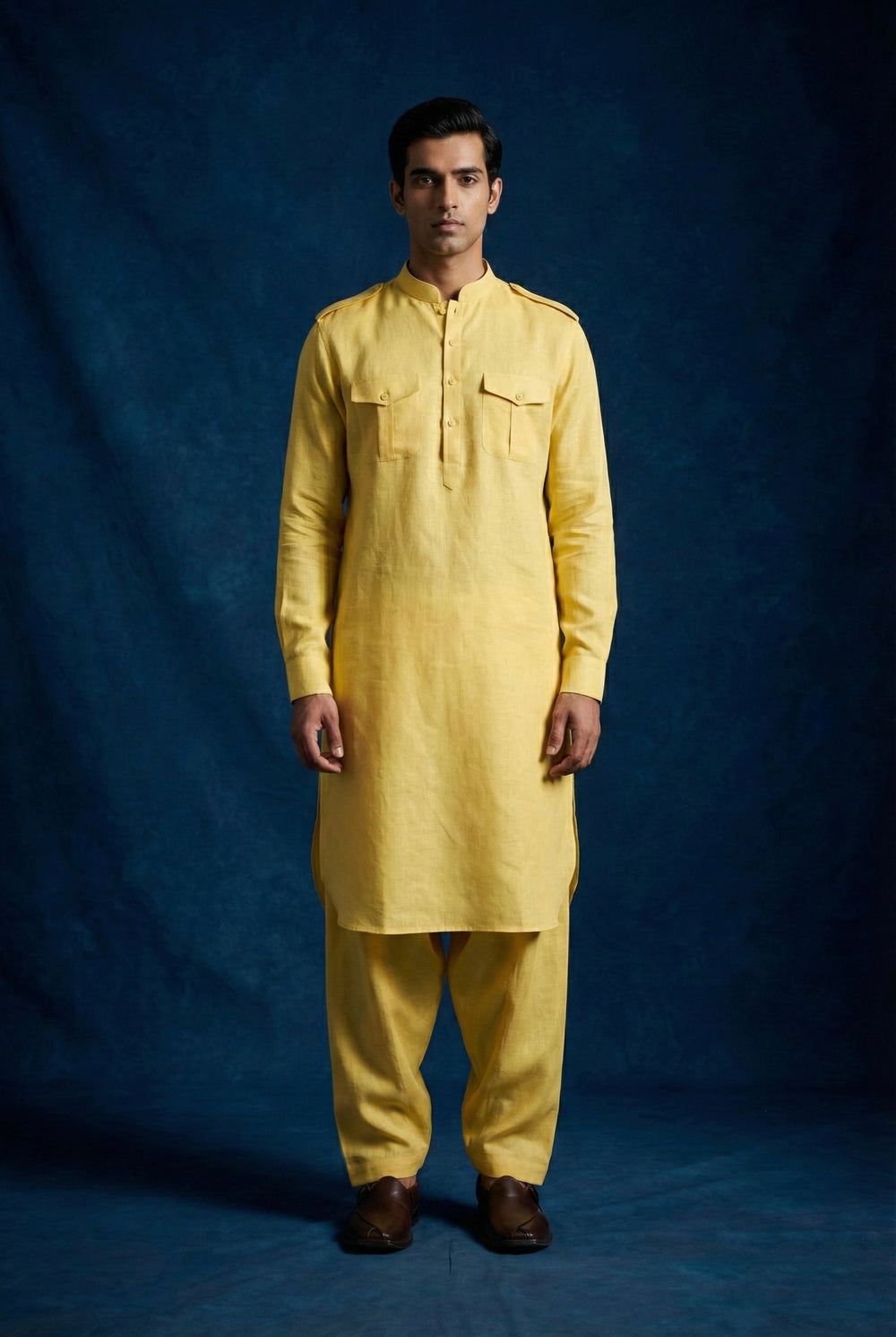 Abees Yellow linen solid kurta set - side view