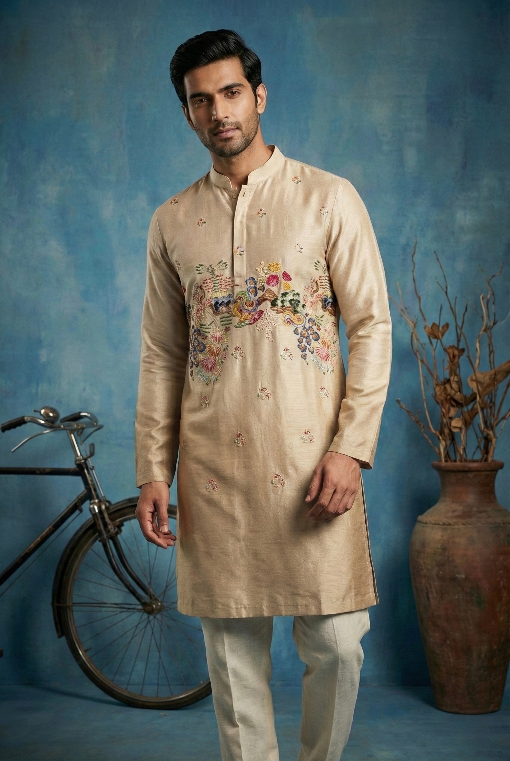 Champagne Gold Floral Embroidered Kurta for Men
