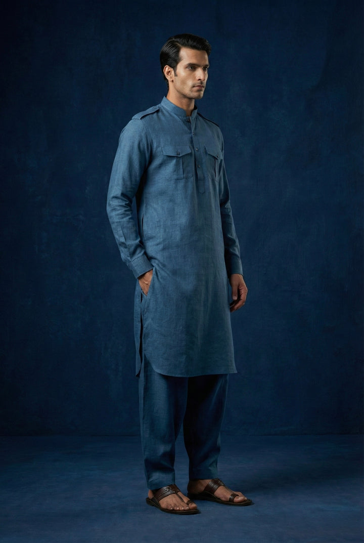 Abees Blue linen solid kurta set - front view