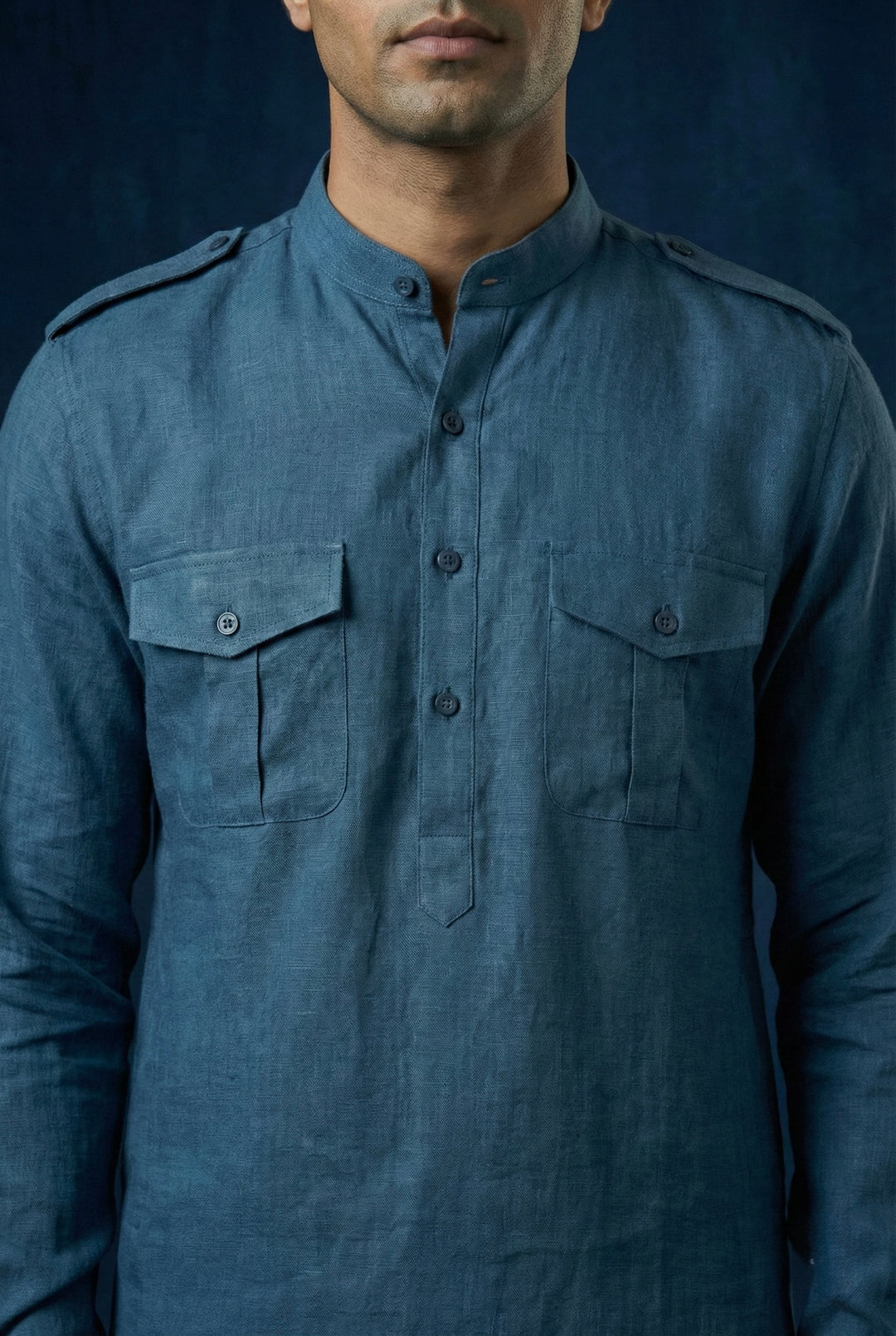 Abees Blue linen solid kurta set - back view