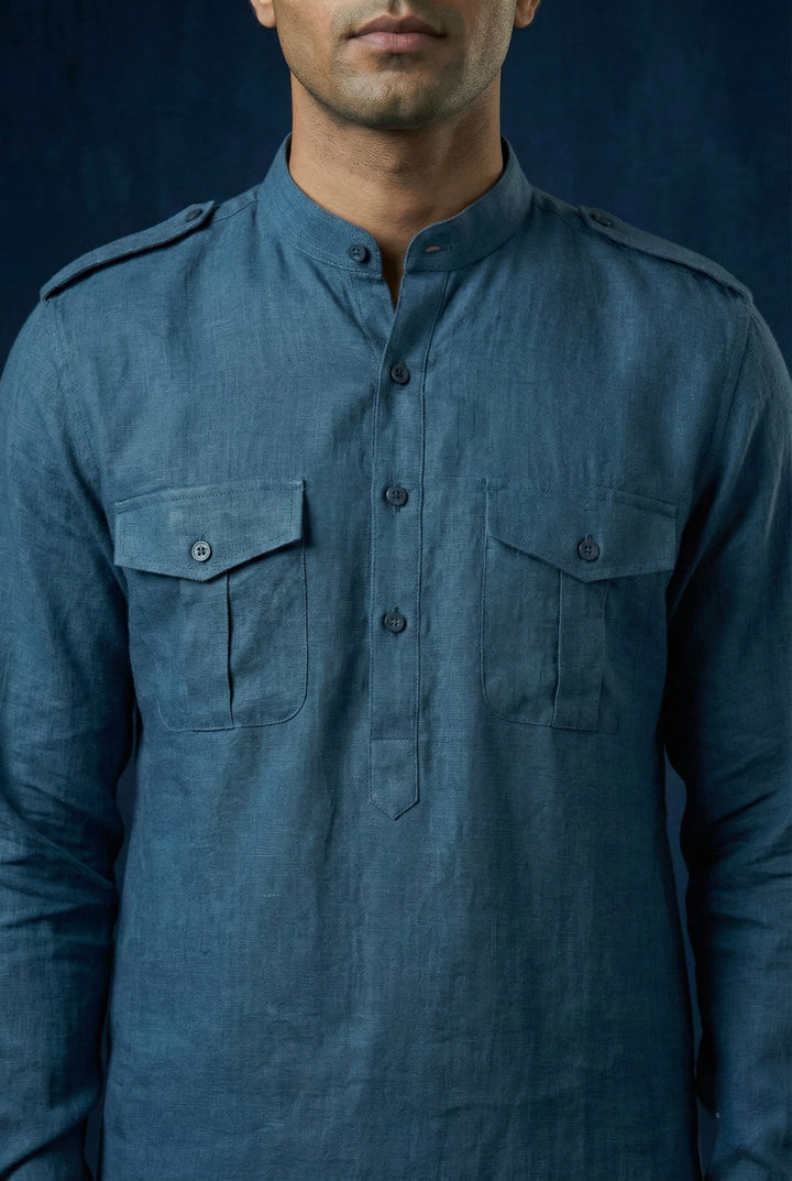 Abees Blue linen solid kurta set - back view