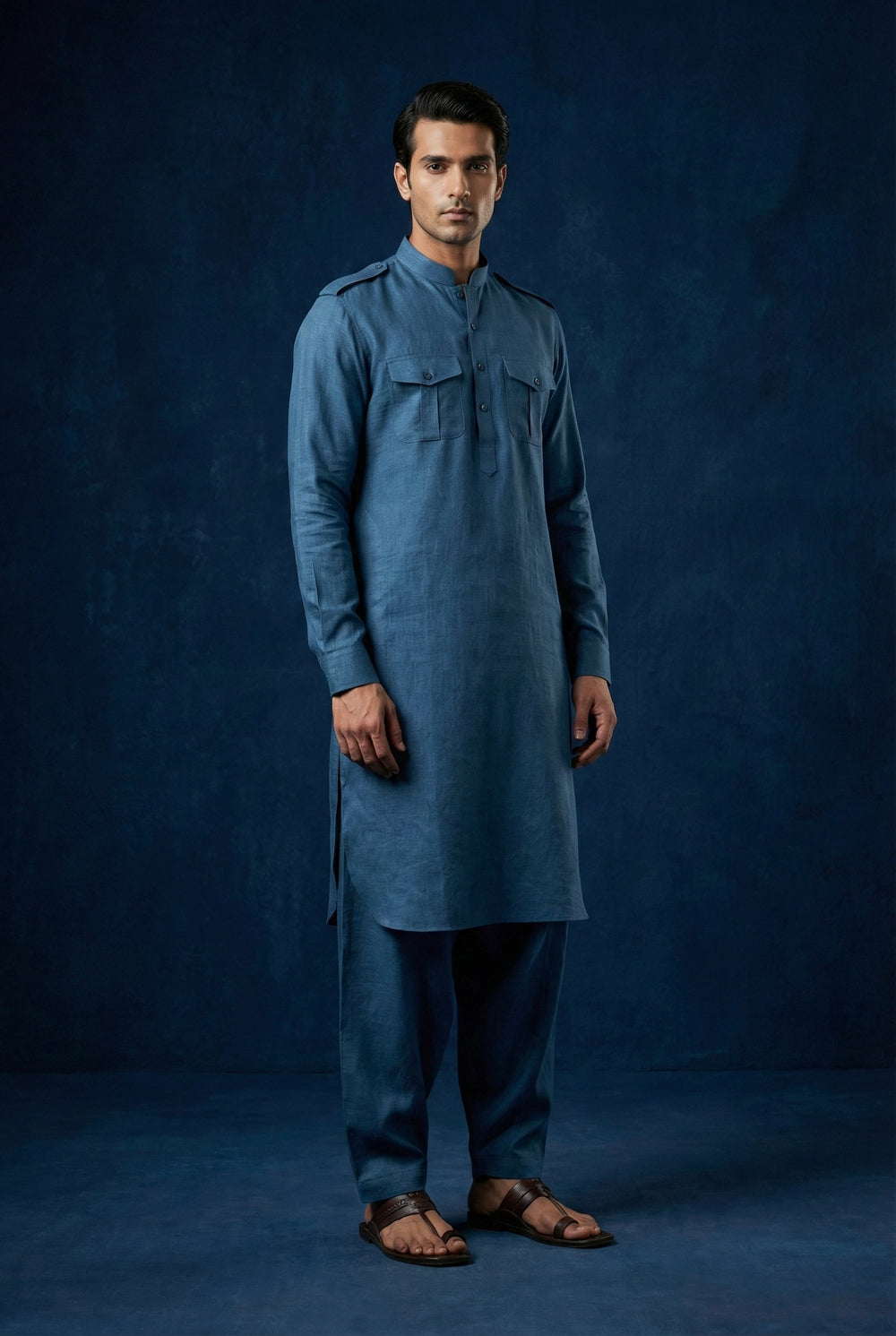 Abees Blue linen solid kurta set - side view