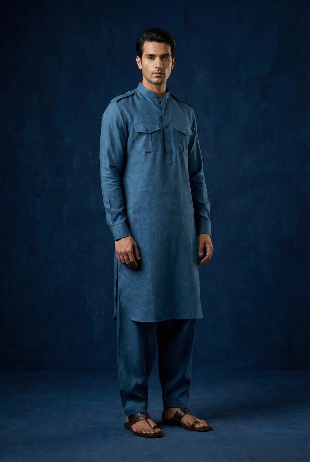 Abees Blue linen solid kurta set - side view