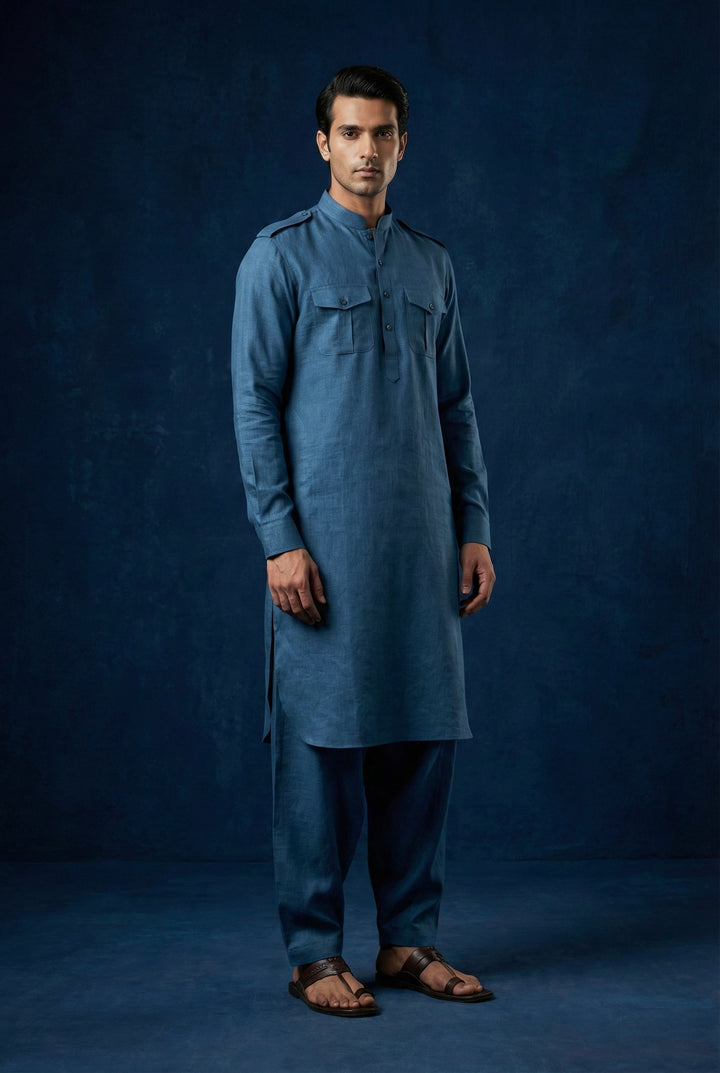 Abees Blue linen solid kurta set - side view