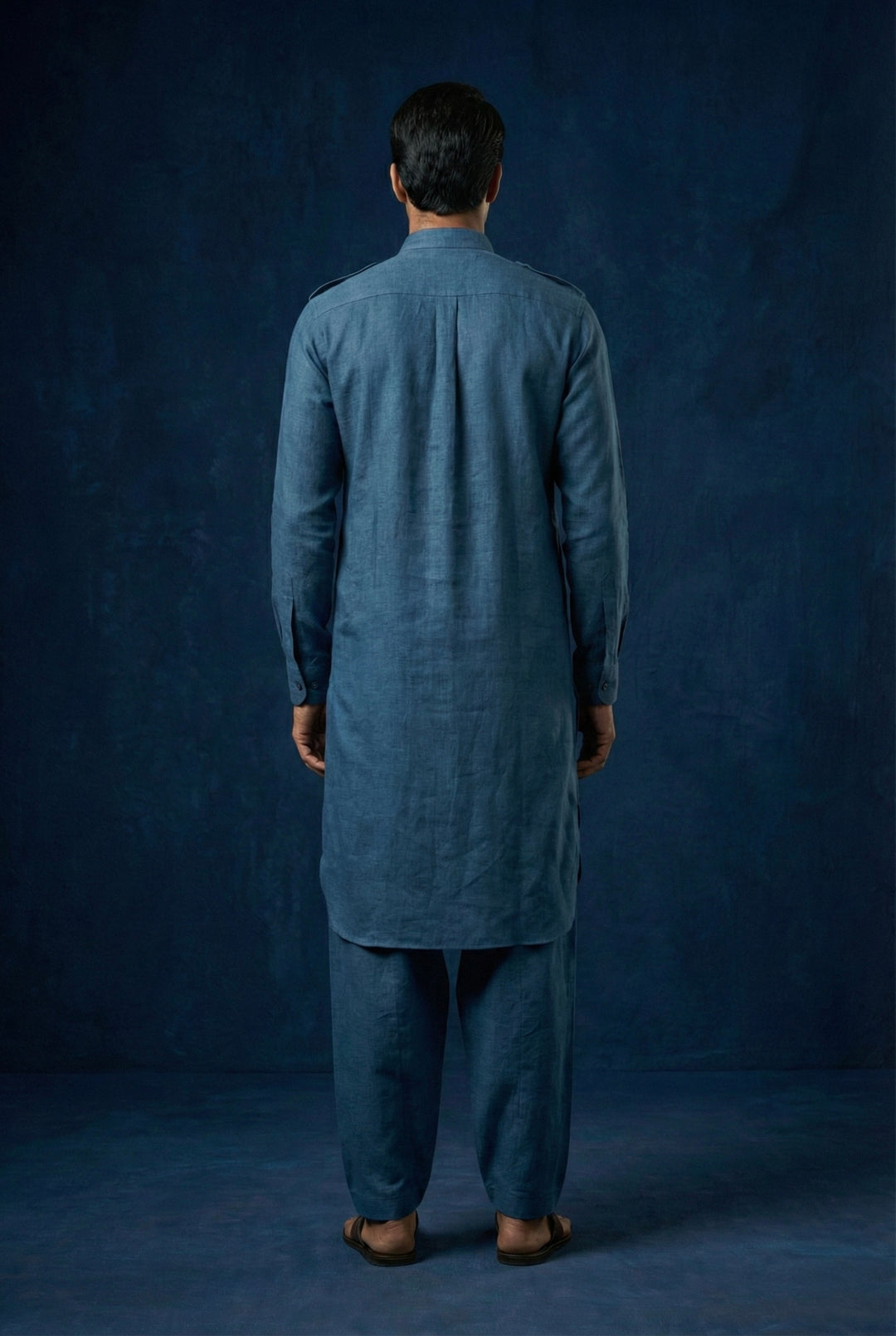 Abees Blue linen solid kurta set - detail view 1