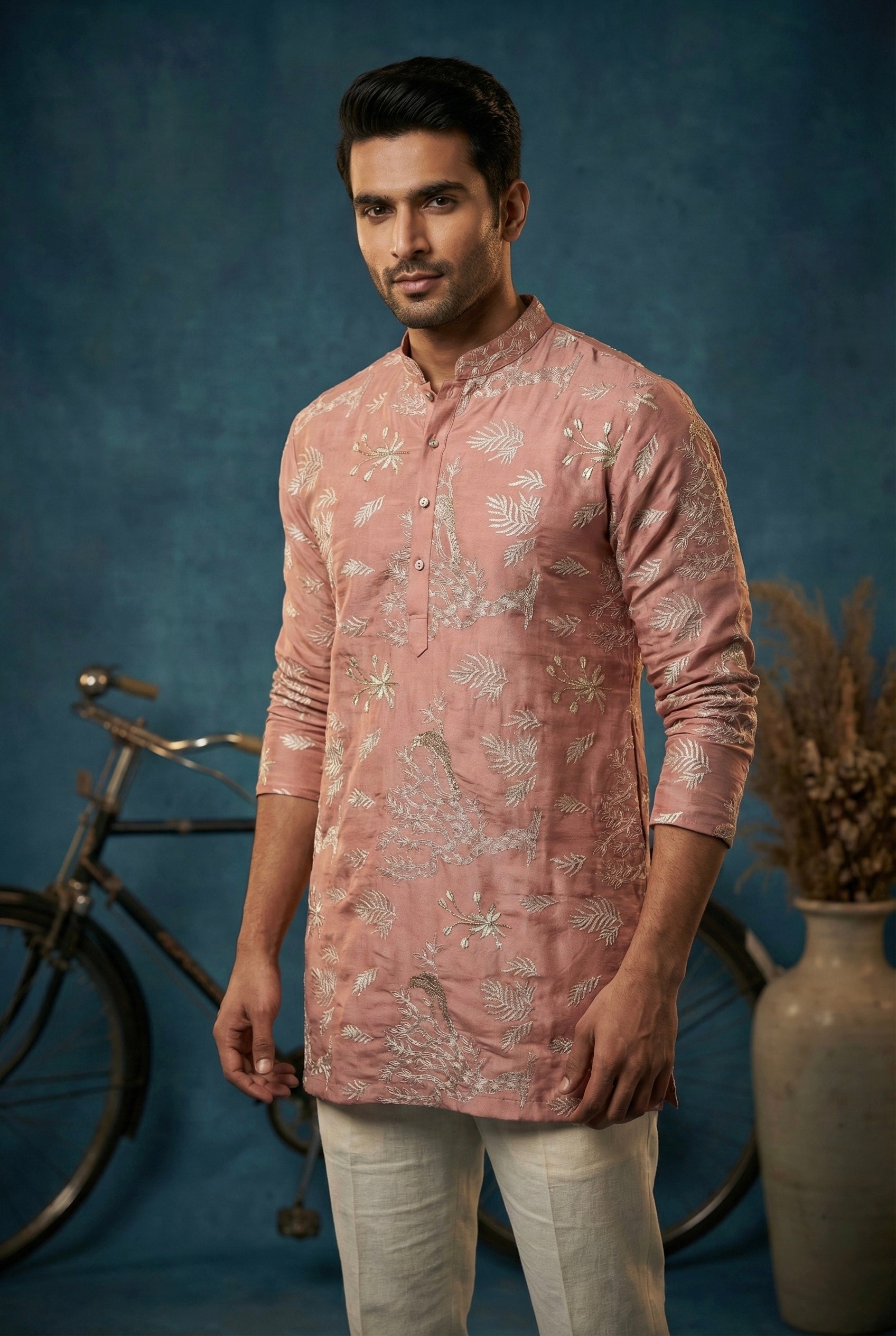 Dusty Rose Embroidered Festive Kurta for Men