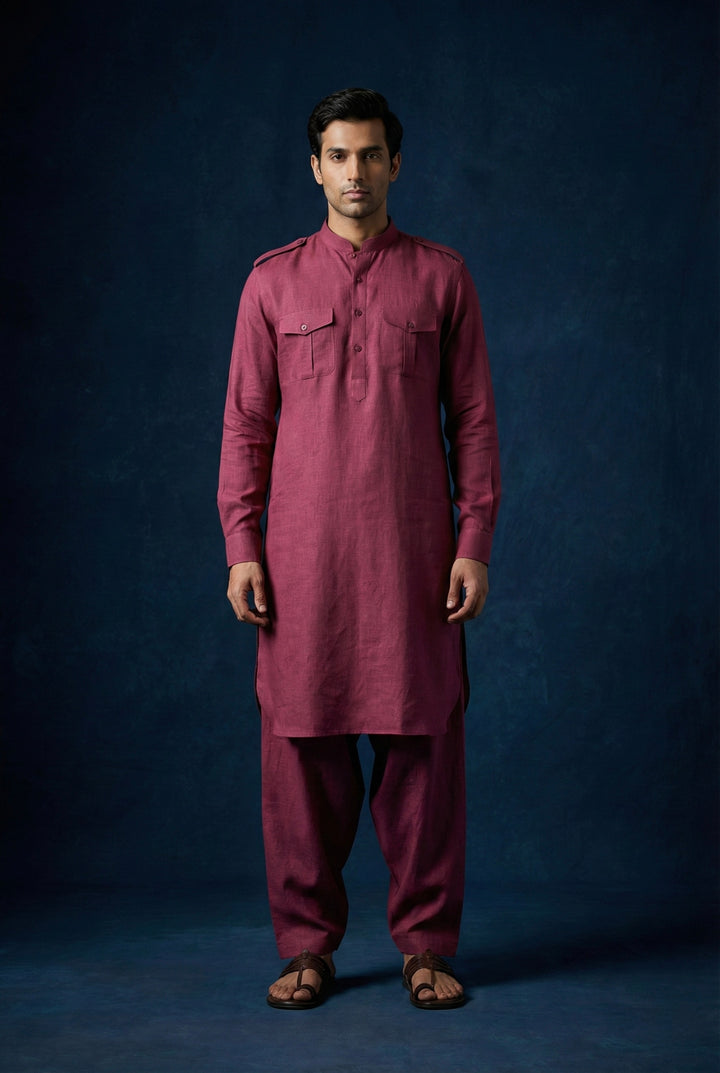 Abees Maroon linen solid kurta set - front view