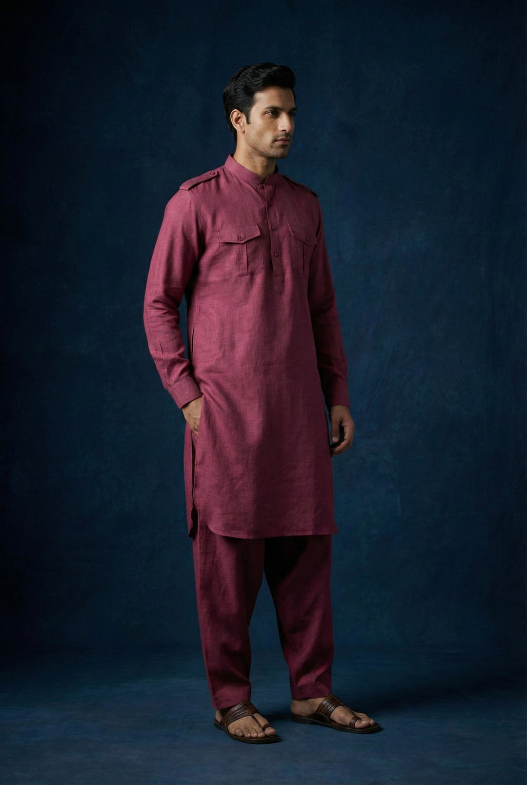 Abees Maroon linen solid kurta set - back view