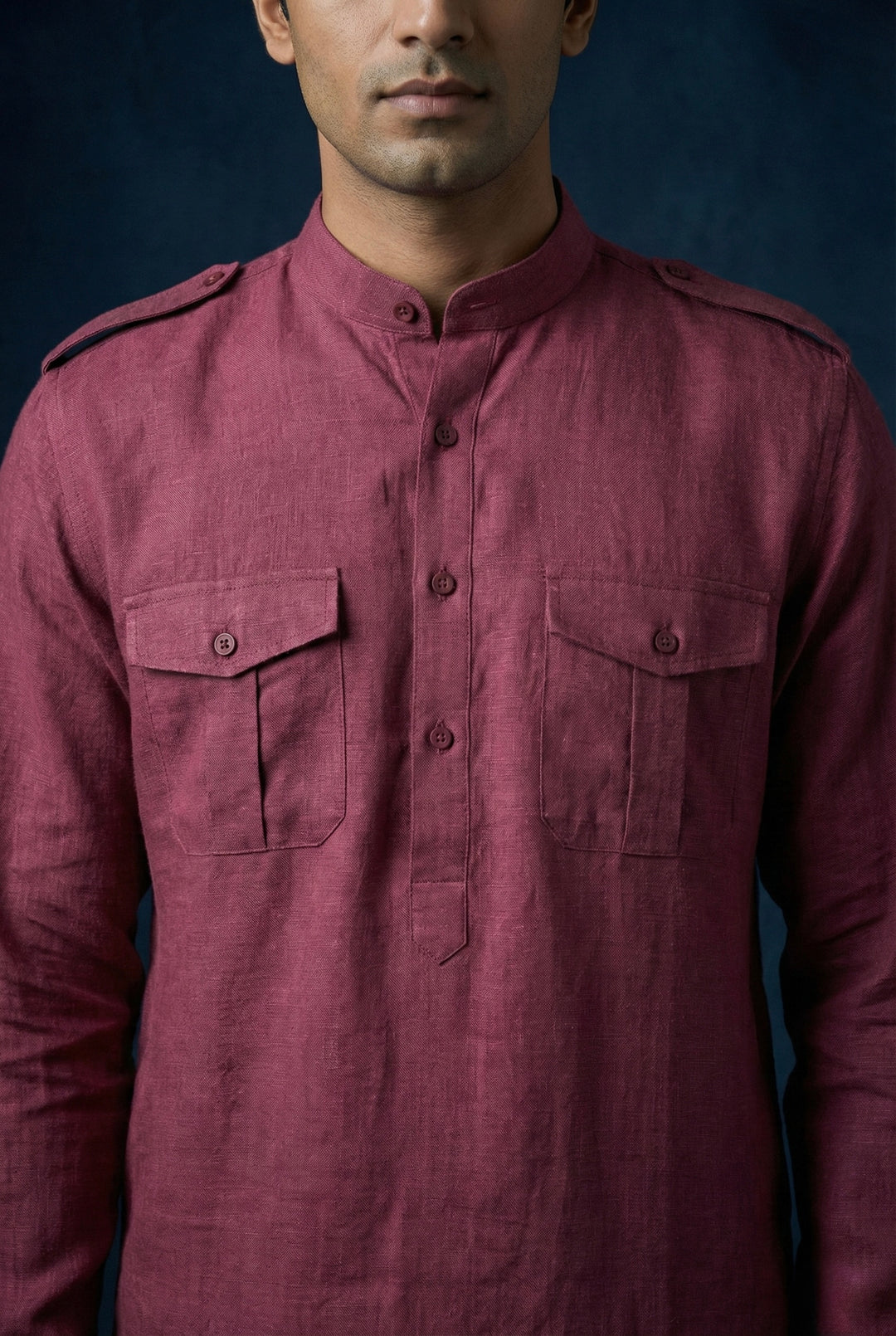 Abees Maroon linen solid kurta set - side view