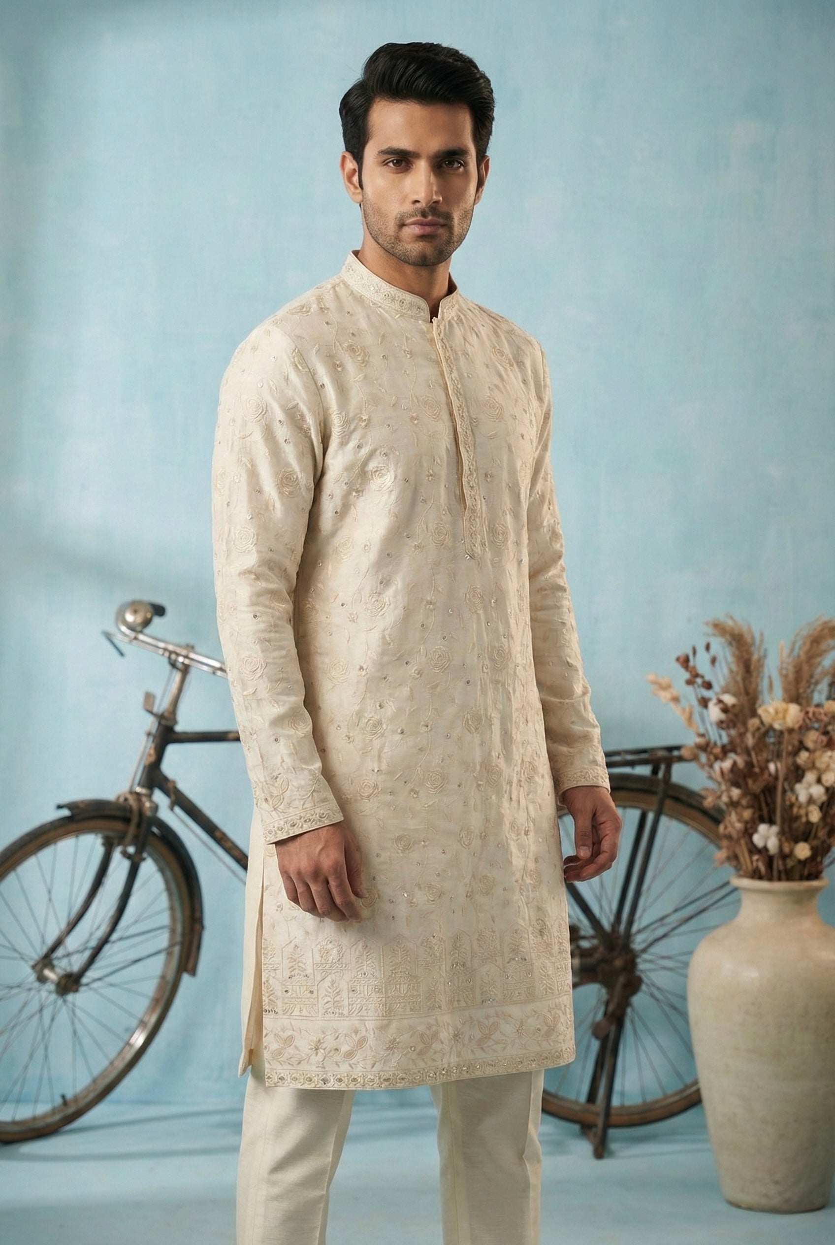 Ivory Tone-on-Tone Embroidered Kurta Set for Men