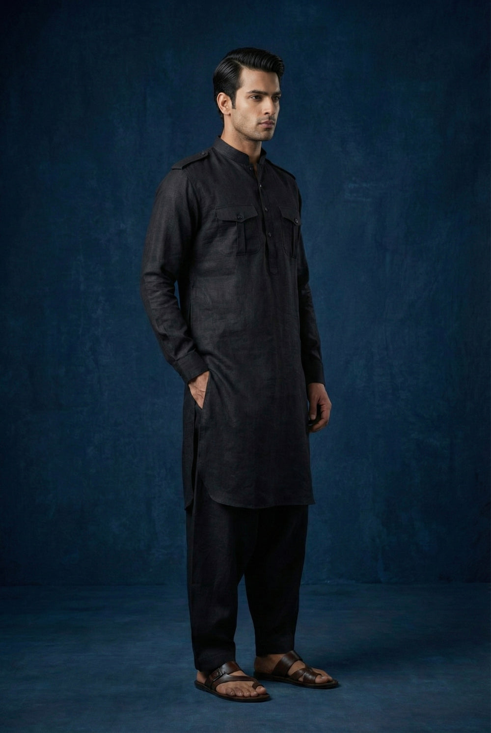 Abees Black linen solid kurta set - front view