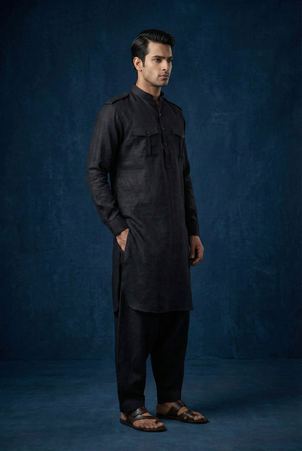 Abees Black linen solid kurta set - front view