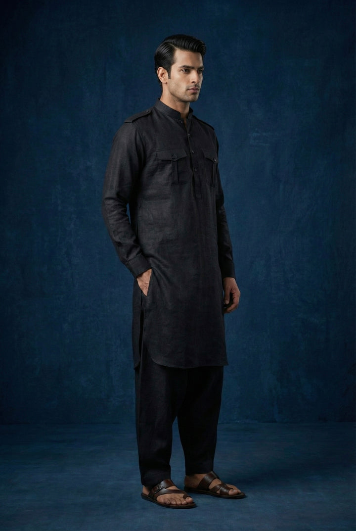 Abees Black linen solid kurta set - front view