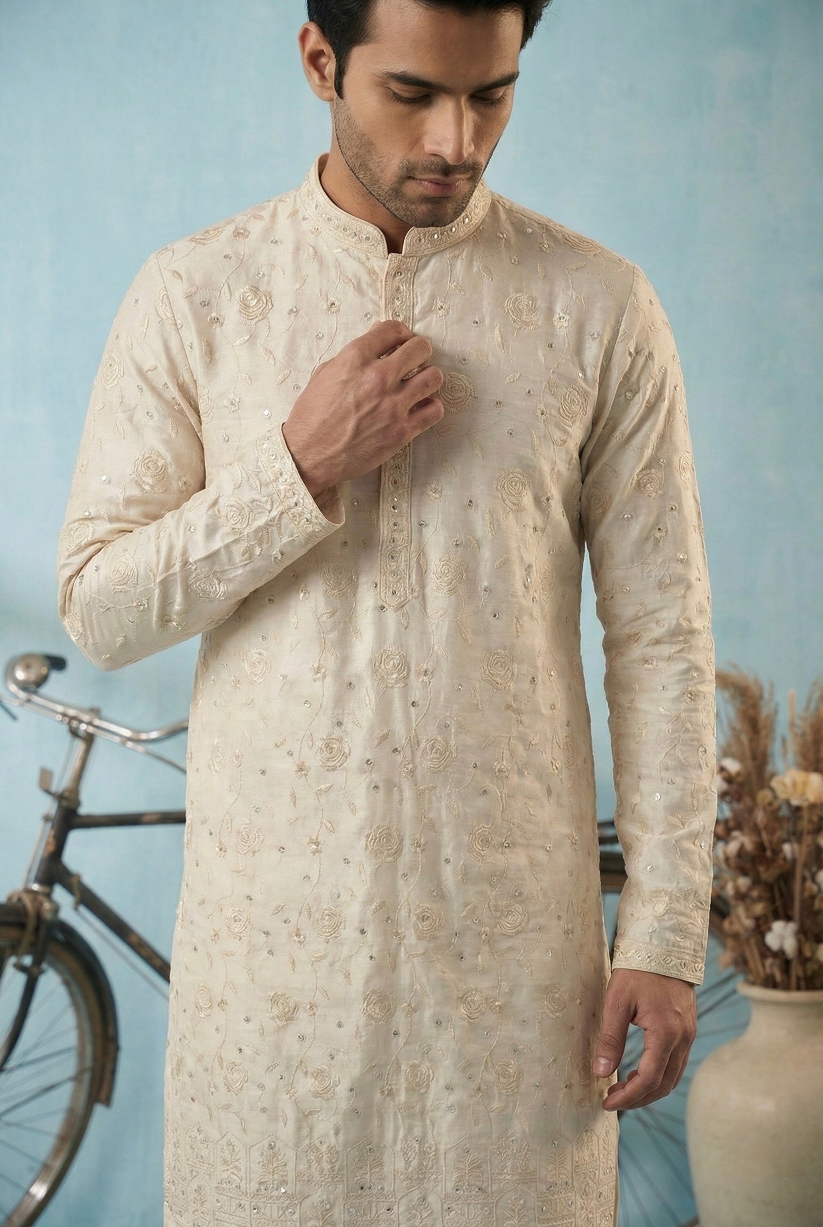 Ivory Tone-on-Tone Embroidered Kurta Set for Men