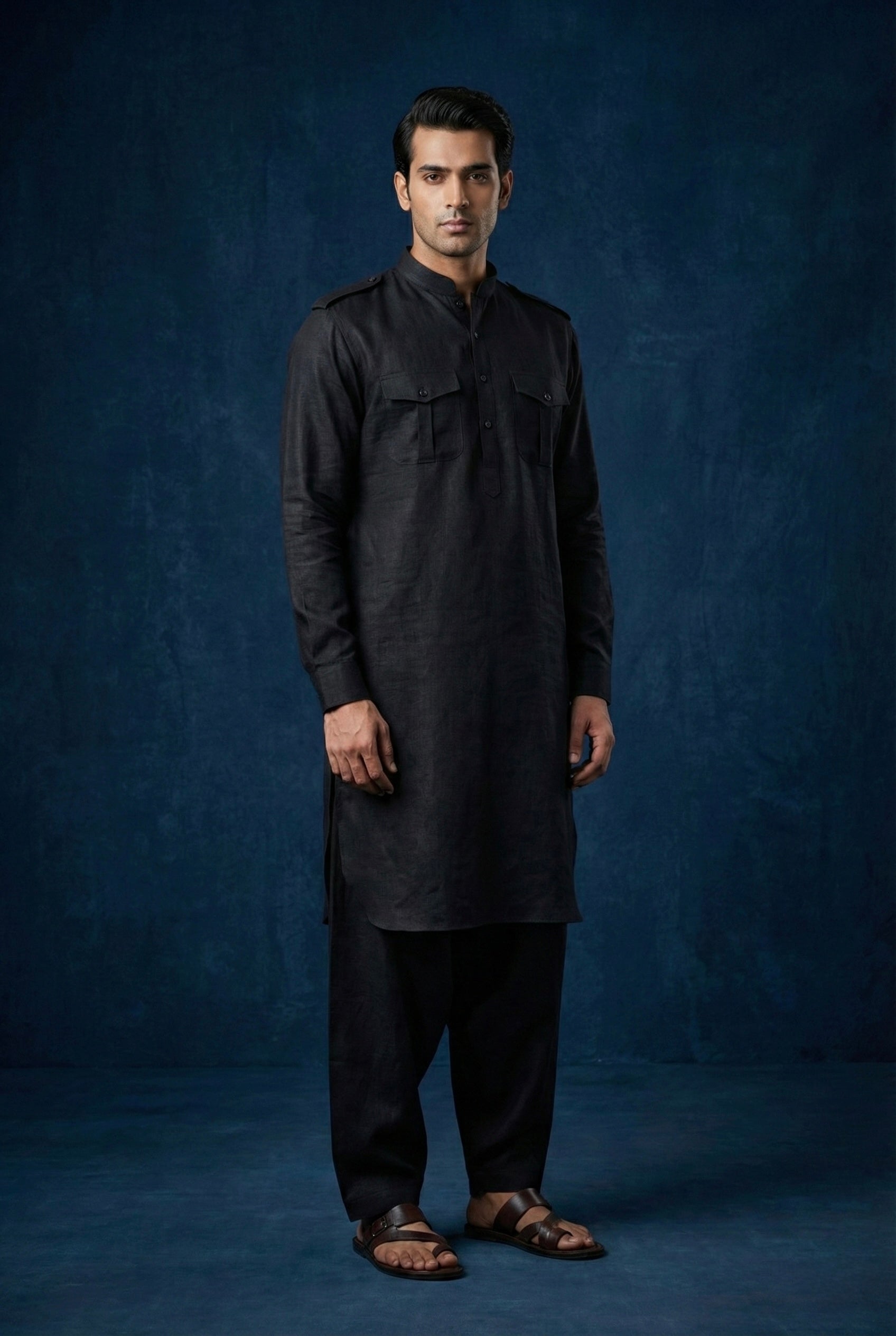 Midnight Black 100% Pure Linen Kurta Set for Men