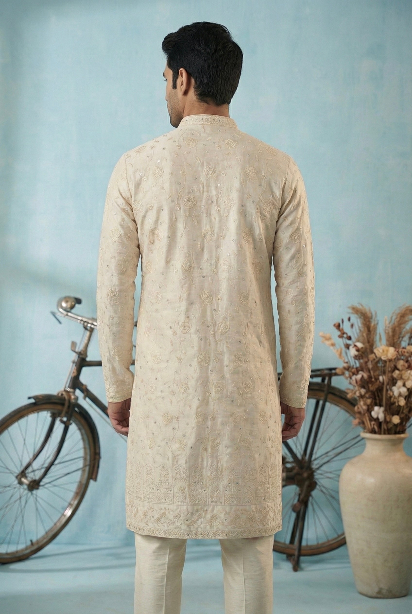 Ivory Tone-on-Tone Embroidered Kurta Set for Men