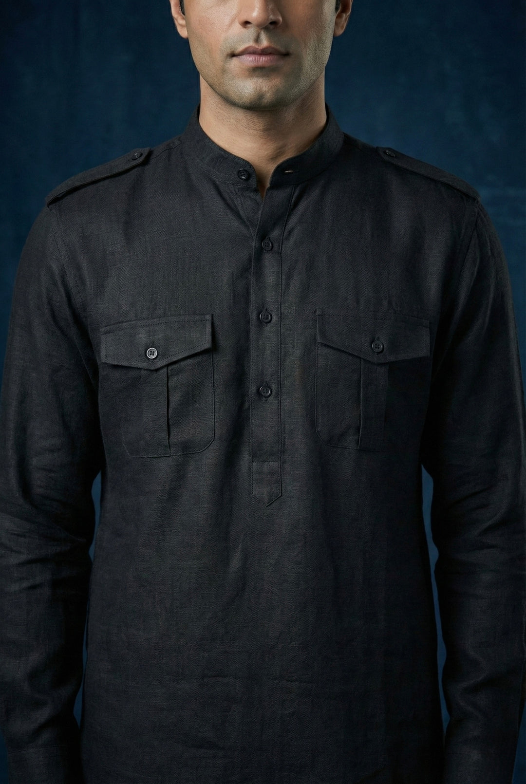 Abees Black linen solid kurta set - side view